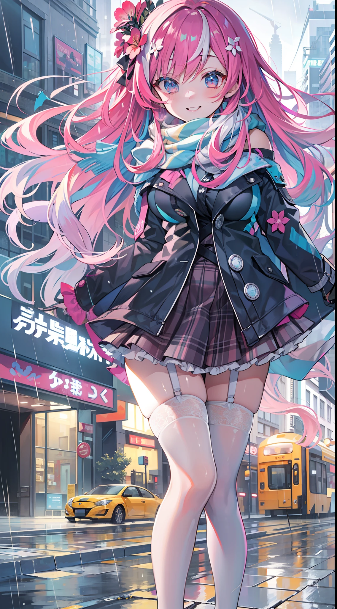 Masterpiece, Best quality, In winter, In the rain, Rainy days, Cityscape, Absurdly long hair, Gradient hair, multicolored hair, Colored inner hair, alternate hair color, Gradient_Eyes, view the viewer, Seductive smile, Huge breasts, Bare_bshoulders, Miniskirt, a garter belt, Frilled thighs, Hair_ribbon, Hair_flower, Scarf,