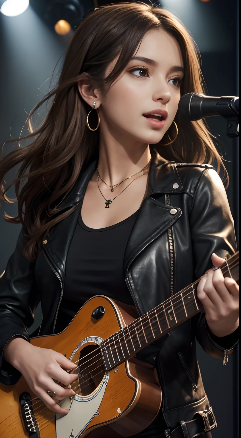 (Masterpiece:1.3, Best quality, Photorealistic, Ultra-detailed, finely detailed, high resolution, 8K wallpaper), 1 beautiful girl, Lead singer of the band group, In a leather jacket, Sing with an electric guitar, standing microphones, Mouth open, Beautiful face, Detailed face, Beautiful eyes, Detailed eyes, Smiling, Earrings, necklace, Detailed guitar, (Straight guitar neck and strings), Medium length light brown hair, be on stage, spotlight, Look at the viewer