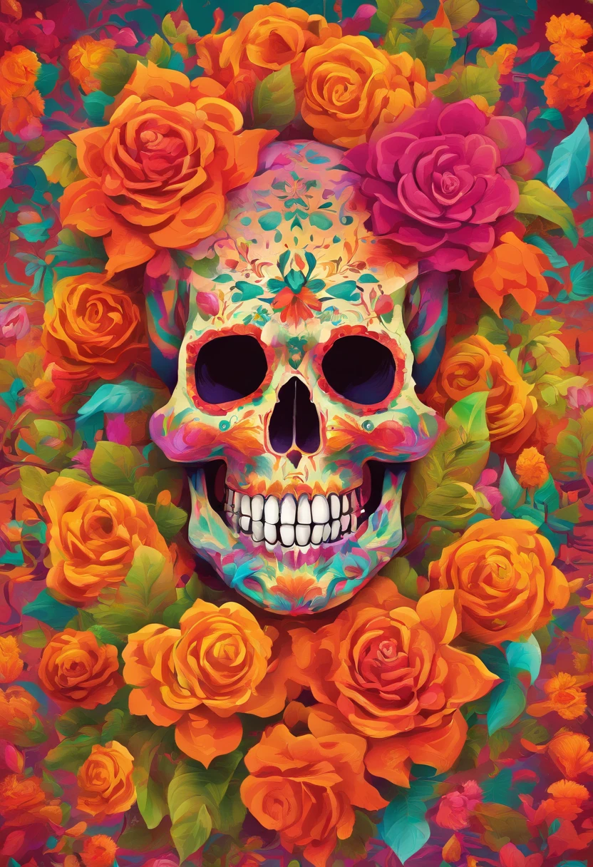 image of a skull shrouded in flowers and leaves, ((sugar skull)), day of the dead, fantasy skull, detailed art, sacred skull, skull paint, portrait of a sugar skull, hauntingly beautiful art, beautiful art uhd 4 k, skull bones flowers, jen bartel, death skull, artwork, ((face)), bright colors