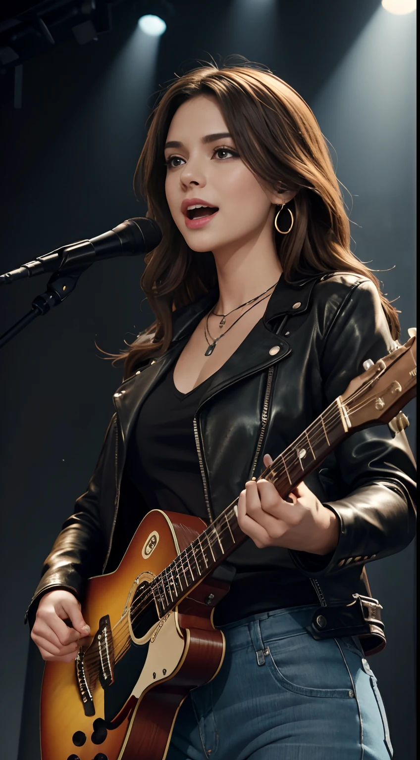 (Masterpiece:1.3, Best quality, Photorealistic, Ultra-detailed, finely detailed, high resolution, 8K wallpaper), 1 beautiful girl, Lead singer of the band group, In a leather jacket, Sing with an electric guitar, standing microphones, Mouth open, Beautiful face, Detailed face, Beautiful eyes, Detailed eyes, Smiling, Earrings, necklace, Detailed guitar, (Straight guitar neck and strings), Medium length light brown hair, be on stage, spotlight, Look at the viewer