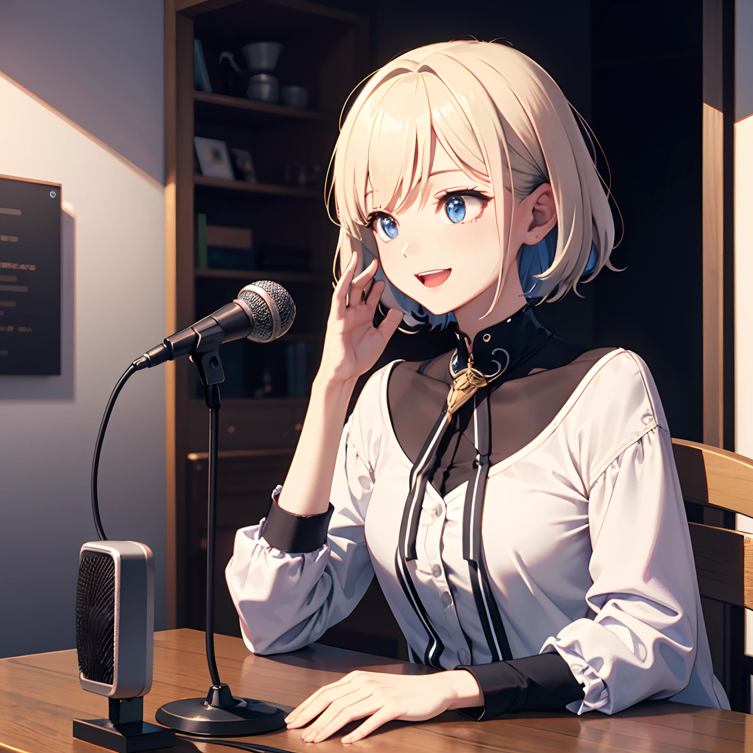 White wall and cream desk、Tabletop microphone、Put your hand on the cuffbox、Home、pixie short hair、Speak into the microphone, Realistic, Full-HD, 。.。.3D, 4K 、A smile