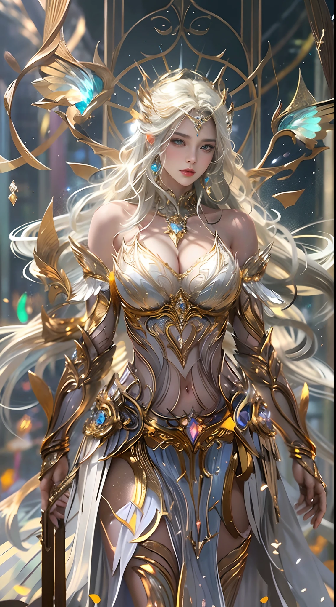 Woman in a golden transparent dress,view the viewer,(((Huge breasts, Large cleavage))),Slim waist,(navel baring,Bare waist), Long hair, Ultra-detailed details,High-end Zhenyi station, Rainstorm site, detailed fantasy art, Stunning character art, Beautiful and exquisite character art, Beautiful gold and silver armor, Extremely detailed, Girl in shiny armor, Exquisite tiaras and jewelry,Crystal jewelry filigree, milky ways, Stunning visuals, (dynamic streaks, light tracks:1.2), Vibrant colors,