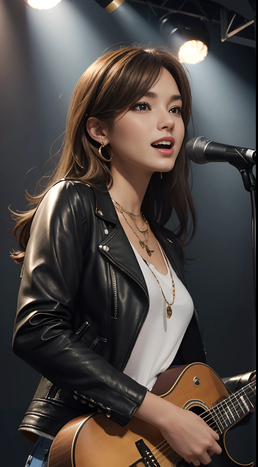 (Masterpiece:1.3, Best quality, Photorealistic, Ultra-detailed, finely detailed, high resolution, 8K wallpaper), 1 beautiful girl, Lead singer of the band group, In a leather jacket, Sing with an electric guitar, standing microphones, Mouth open, Beautiful face, Detailed face, Beautiful eyes, Detailed eyes, Smiling, Earrings, necklace, Detailed guitar, (Straight guitar neck and strings), Medium length light brown hair, be on stage, spotlight, Look at the viewer