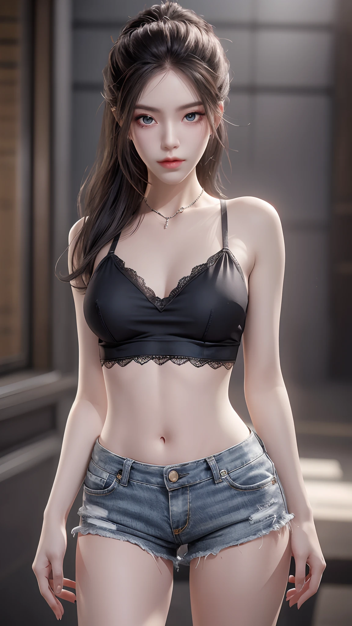 ((medium breast, tomboy girls, small head)), daylight, sunlight, (chiseled abs : 1.1), (perfect body : 1.1), (short wavy hair : 1.2) , auburn hair, collar, chain, full body shot, crowded street, wearing black tanktop, jeans jacket, ((shorts)), (extremely detailed CG 8k wallpaper), (an extremely delicate and beautiful), (masterpiece), (best quality:1.0), (ultra highres:1.0),  beautiful lighting ,perfect lightning, realistic shadows, [highres], detailed skin, ultra-detailed