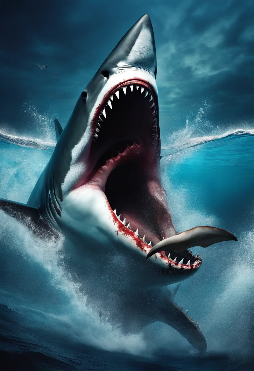 An intense and exciting scene of a huge Megalodon shark fiercely.