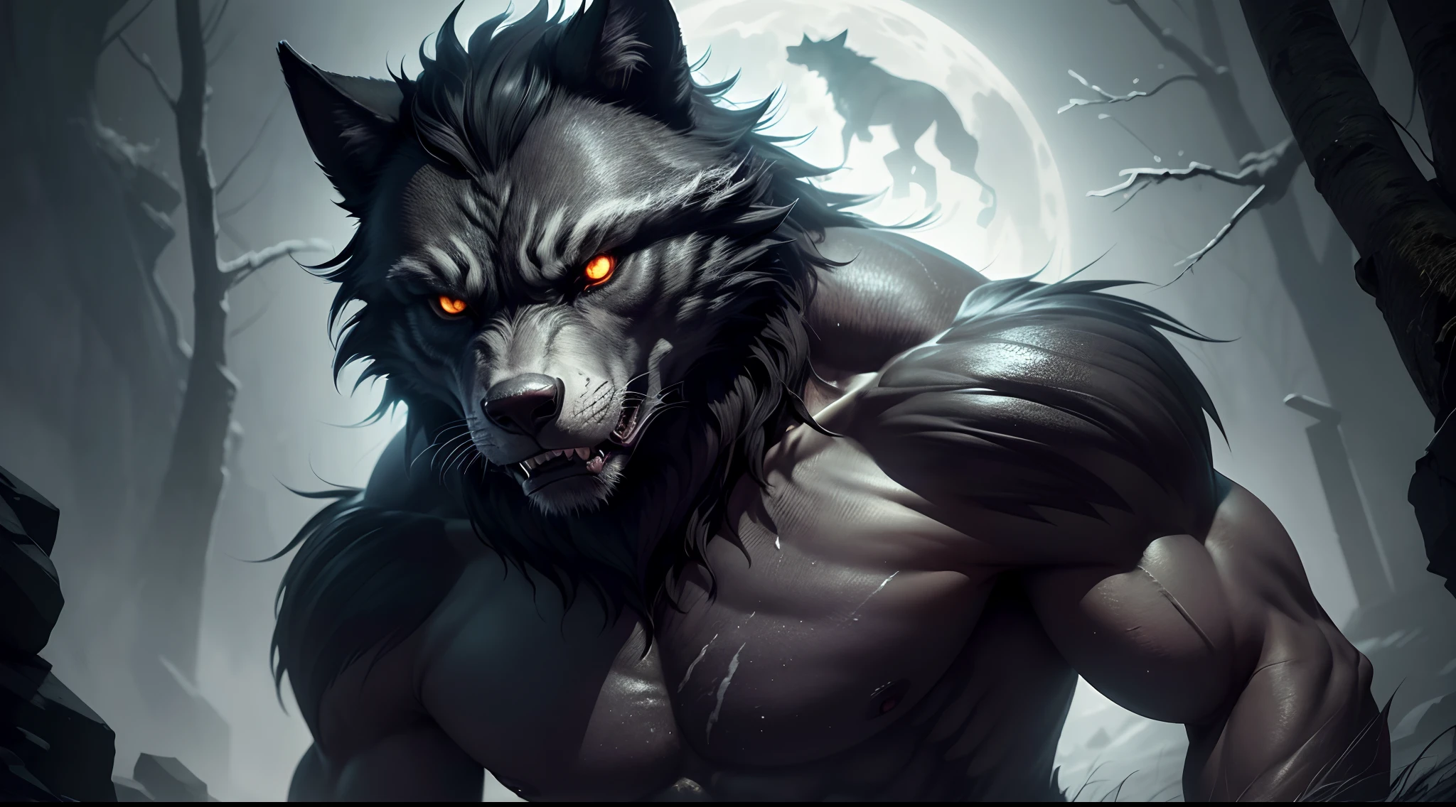 Werewolf male, full body covered in fluffy fur, no clothes, big huge muscular chest, mesomorph, realistic attractive abs, highly detalised stomach muscles, day, sensual, detailed, uploaded to e621, beautiful and detailed portrait of an anthropomorphic black werewolf (((male))) kenket, ross tran, ruan jia, uploaded to e621, zaush, foxovh, movie lighting, moon lights, glowing eyes, black fur, long dark mane of hair