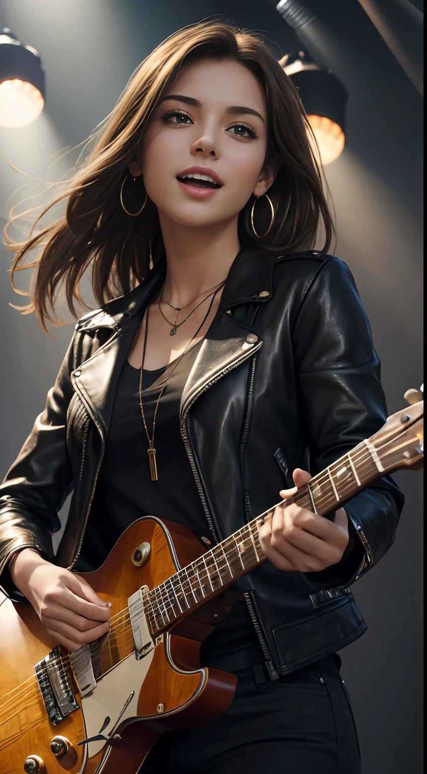 (Masterpiece:1.3, Best quality, Photorealistic, Ultra-detailed, finely detailed, high resolution, 8K wallpaper), 1 beautiful girl, Lead singer of the band group, In a leather jacket, Sing with an electric guitar, standing microphones, Mouth open, Beautiful face, Detailed face, Beautiful eyes, Detailed eyes, Smiling, Earrings, necklace, Detailed guitar, (Straight guitar neck and strings), Medium length light brown hair, be on stage, spotlight, Look at the viewer