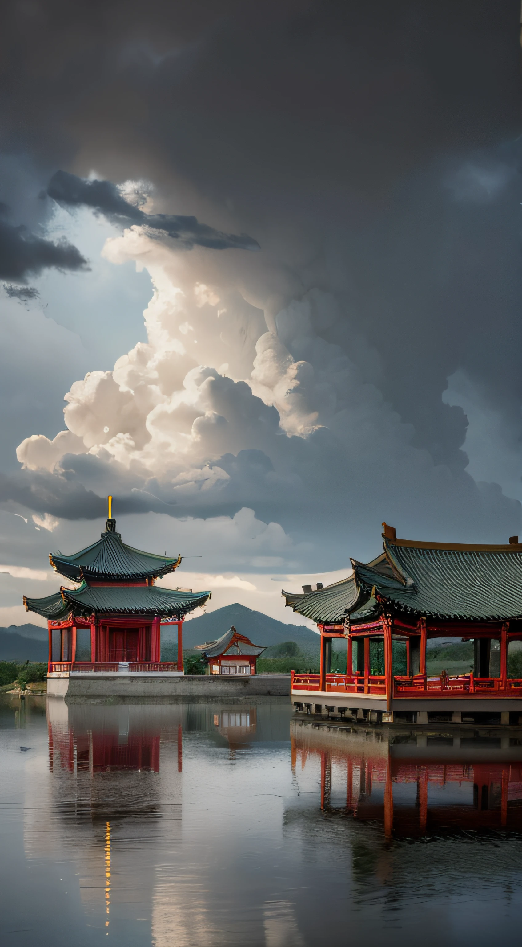violent storm,dark stormy clouds,snow mountains,Chinese architecture,water,Lotus,High detail,lightand shade contrast,hyper HD,tmasterpiece,winning artwork,Best quality at best,A high resolution,16k