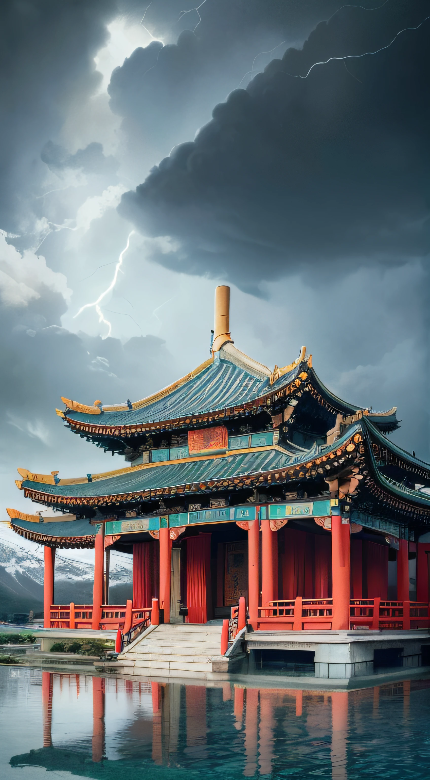 violent storm，dark stormy clouds，snow mountains，Chinese architecture，water，Lotus，High detail，lightand shade contrast，hyper HD，tmasterpiece，winning artwork，Best quality at best，A high resolution，16k