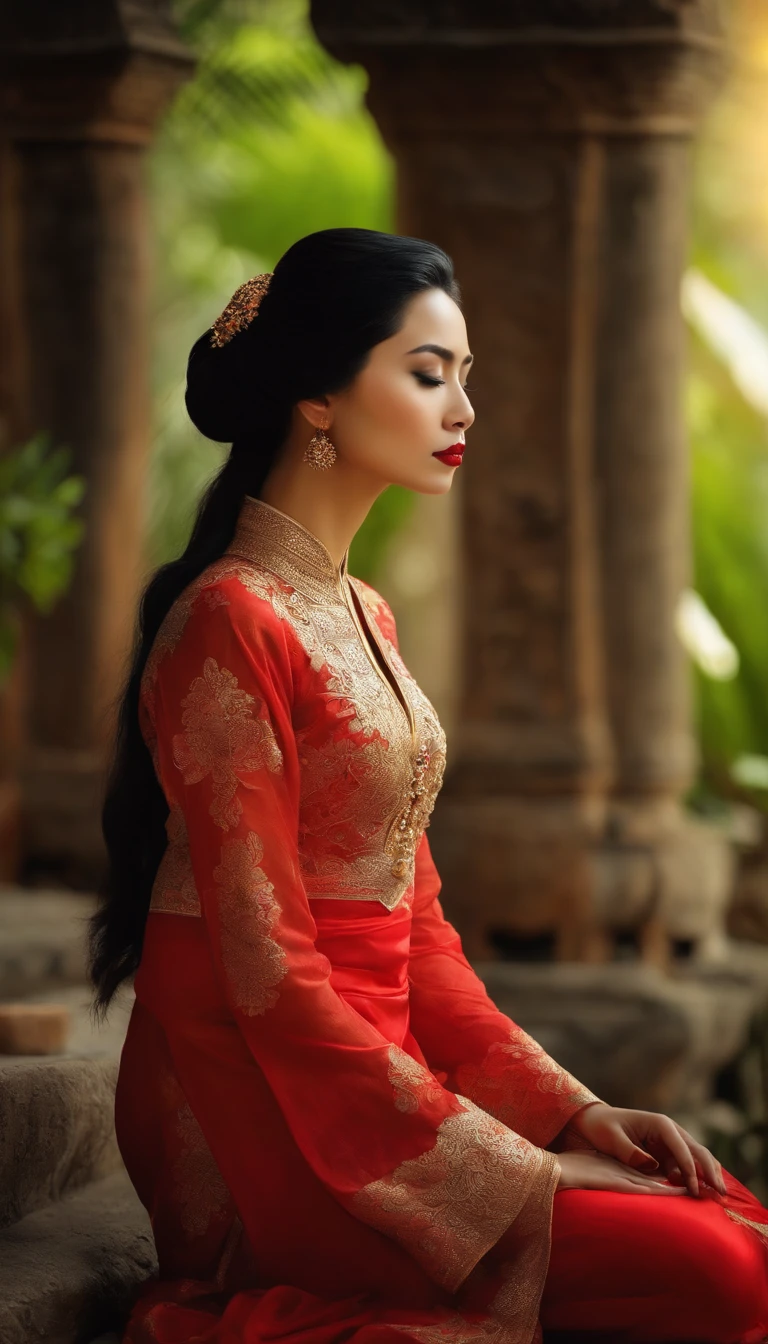 woman in Ao Dai , black long hair, black eyes, red lips sitting in meditation position, contemplando um horizonte lindo com o sol se pondo, Woman is in deep connection with the divine, The landscape is ultra detailed, homem ultra realista, tudo bem detalhado e lindo, ultra qualidade. Realismo 8K