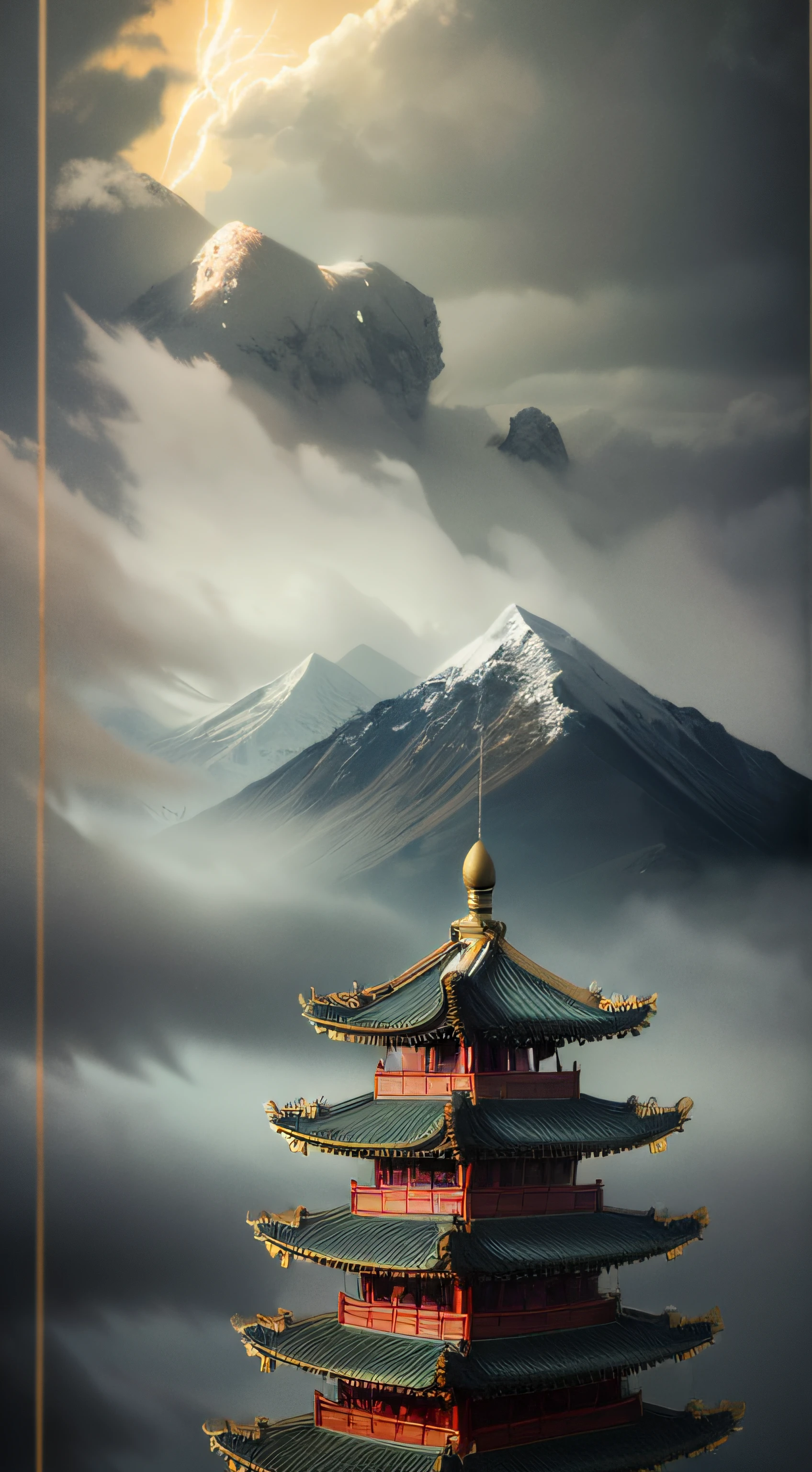 violent storm，dark stormy clouds，snow mountains，Chinese architecture，water，Lotus，High detail，lightand shade contrast，hyper HD，tmasterpiece，winning artwork，Best quality at best，A high resolution，16k