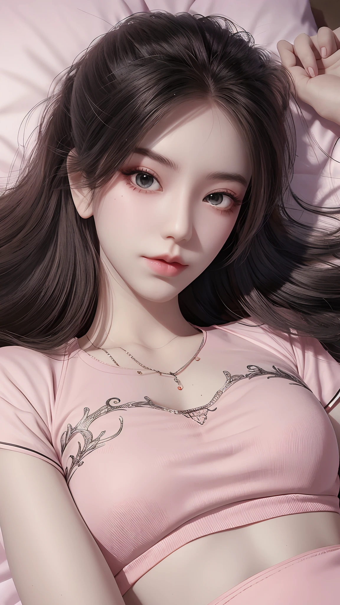 Sleeping girl, 22 years old, realistic, she is wearing long pants, she is wearing pink pajama, brown hair.