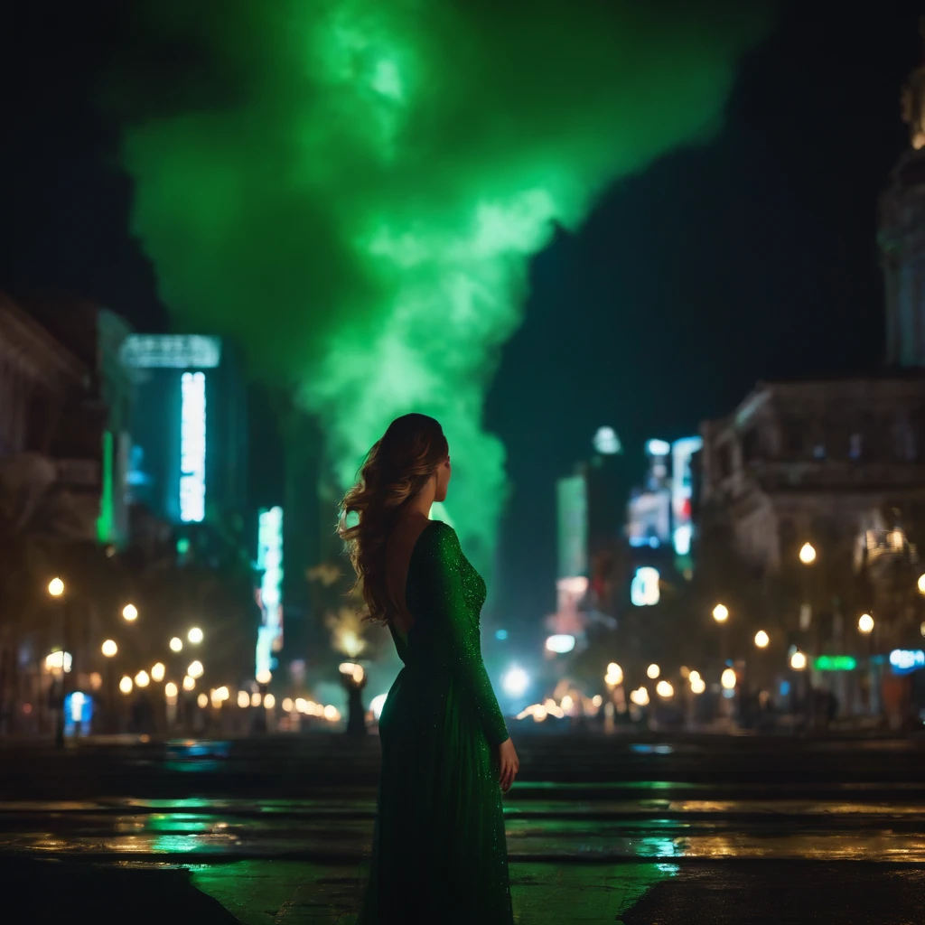 Cena do filme, Mulher vestida como Lanterna Verde da DC, extremamente detalhado, futuristic cityscape, noite, glowing neon lights, smoke billowing, Sparks, Metal shavings, Detritos voadores, efeitos da energia azul, volumetric light