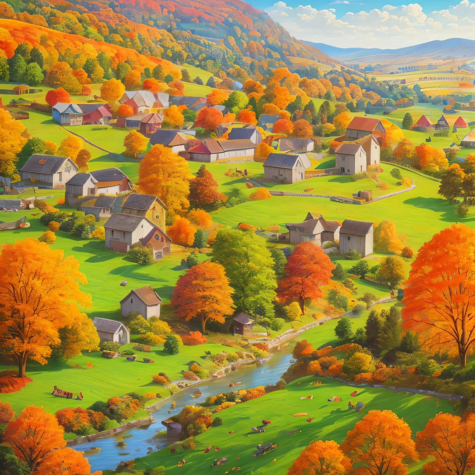 a cartoon illustration of a rural village in the fall, autumn season, scenery art detailed, bright colors highly detailed, ultra detailed color art, countryside city scene, village in the woods, super detailed color art, full color illustration, highly detailed and colored, rich picturesque colors, detailed digital artwork, country landscape, colorful landscape painting, highly detailed saturated, beautiful detailed illustration