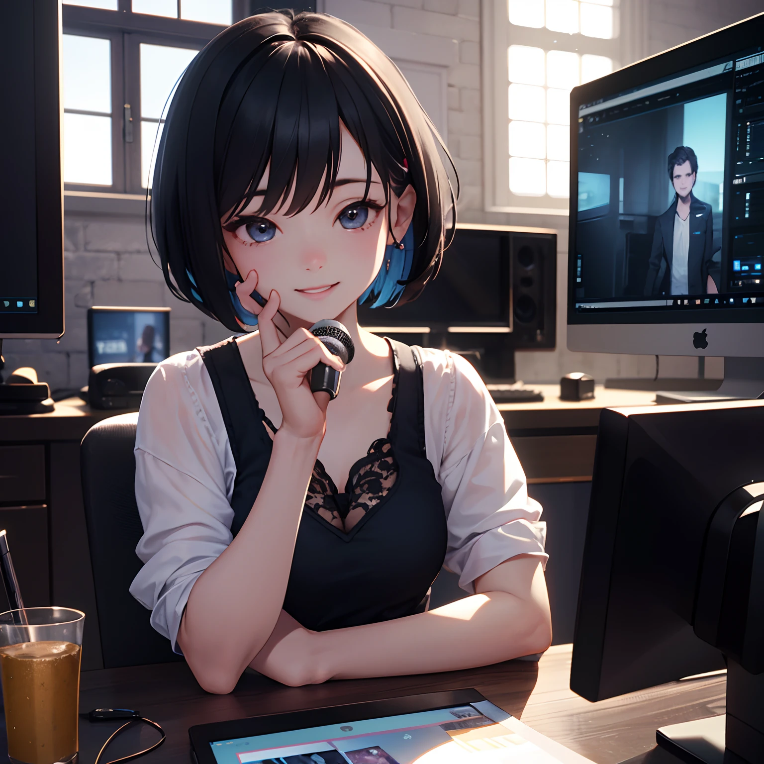 (Cinematic Digital Artwork: 1.3), High quality, masutepiece, of the highest quality, Super Detail, illustratio 、Cuffbox、Tabletop microphone、In front of your computer、Deliver at home、pixie short hair、Speak into the microphone, Realistic, Full-HD, 。.。.3D, 4K 、A smile