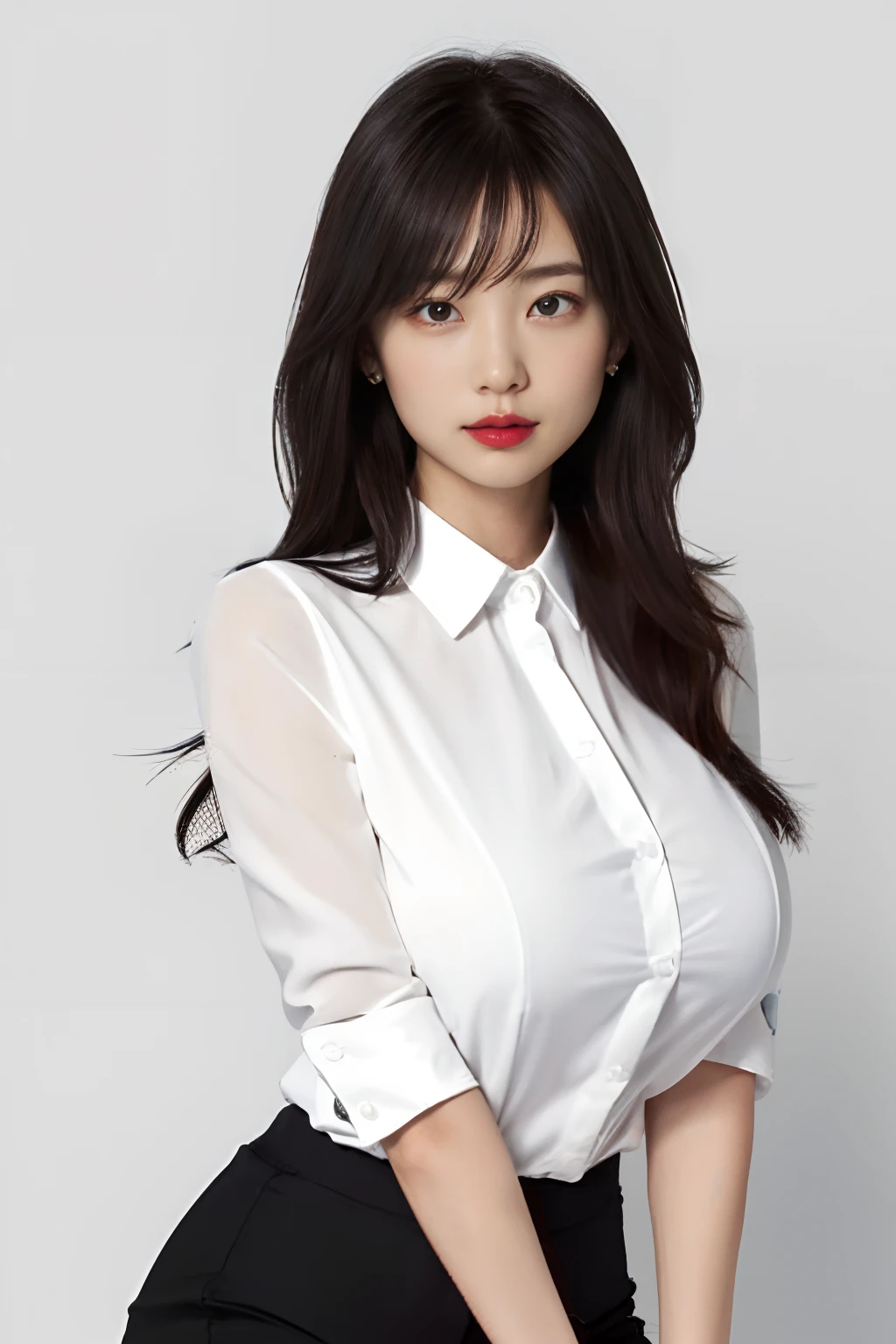 girl with, bangss, Black pants, breastsout, Breasts squeezed together, White background, hair between eye, huge-breasted, length hair, FULL BODYSHOT, cparted lips, red eyes, The shirt, simple background, 独奏, You can see the texture of the fabric,Silk dress gray hair,(shinny skin),(masterpiece:1.4),(top-quality:1.4),A MILF,Facigirl,red-lips、Stood up
