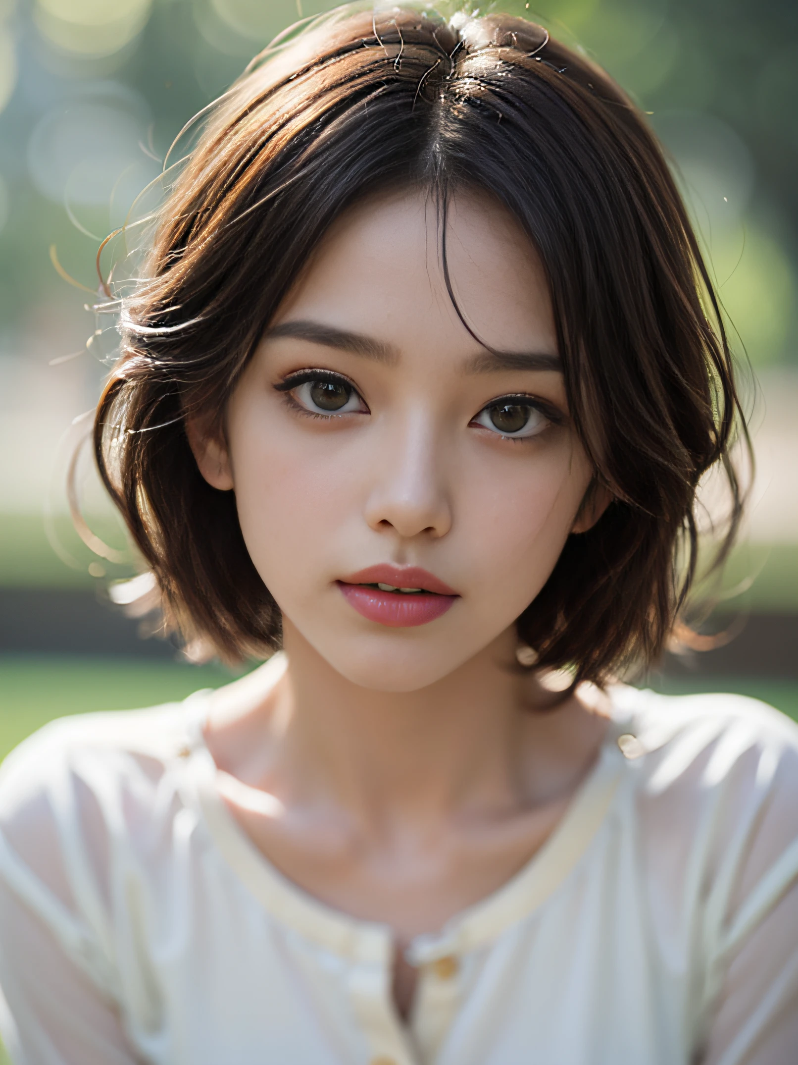 ((Best quality, 8k, Masterpiece: 1.3)), Sharp focus: 1.2, A beautiful woman with perfect body: 1.4, Slim abdomen: 1.2, ((Layered haircut, Large breasts: 1.2)), (no bra) (Small and beautiful hard nipple) (Thin and damp button up to shirt length: 1.1), (White shirt wet by rain), (Rain, Street: 1.2), Wet body: 1.1, Highly detailed face and skin texture, Detailed eyes, Double eyelid, tanned skin, sexy, tan, dark skin, tanned body, exposed shoulders, cleavage