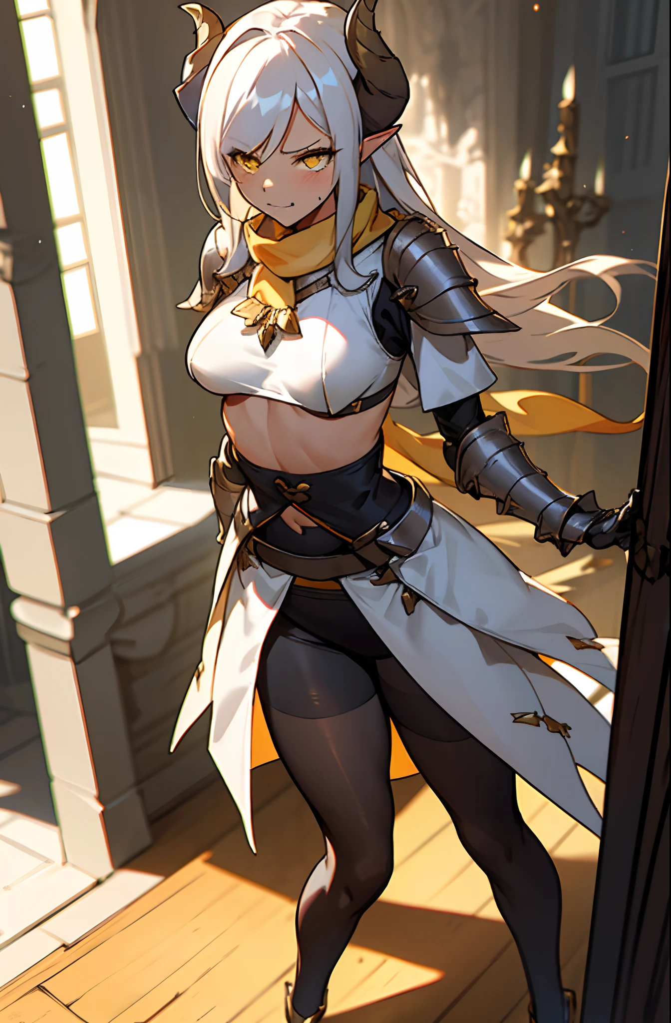 girl, tall,brown skin, hidden arms, white hair, detailed pretty eyes, yellow eyes,angry face, evil smile, medium boobs, white small shirt, mid waist, ripped abdomen, medium thighs, small armor outfit, long black stockings, detailed clothes, sexy pose, masterpiece, hyper realistic, high definition,black horns,black pantyhose,elves ears,yellow scarf,hair over one eye,(((standing in front of a room inside a castle)))