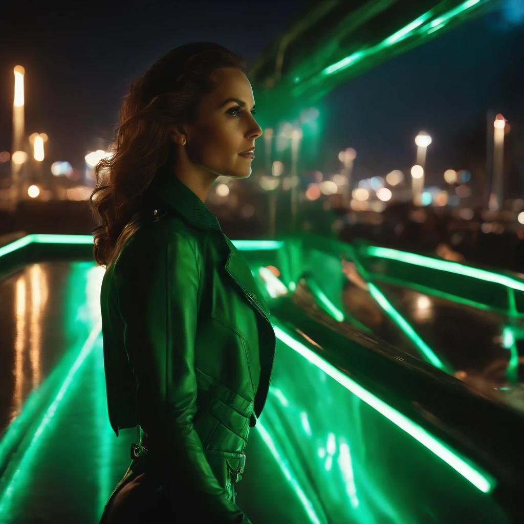 cena do filme, Mulher vestida como Lanterna Verde da DC, extremamente detalhado, futuristic cityscape, noite, glowing neon lights, smoke billowing, Sparks, Metal shavings, detritos voadores, efeitos da energia azul, volumetric light