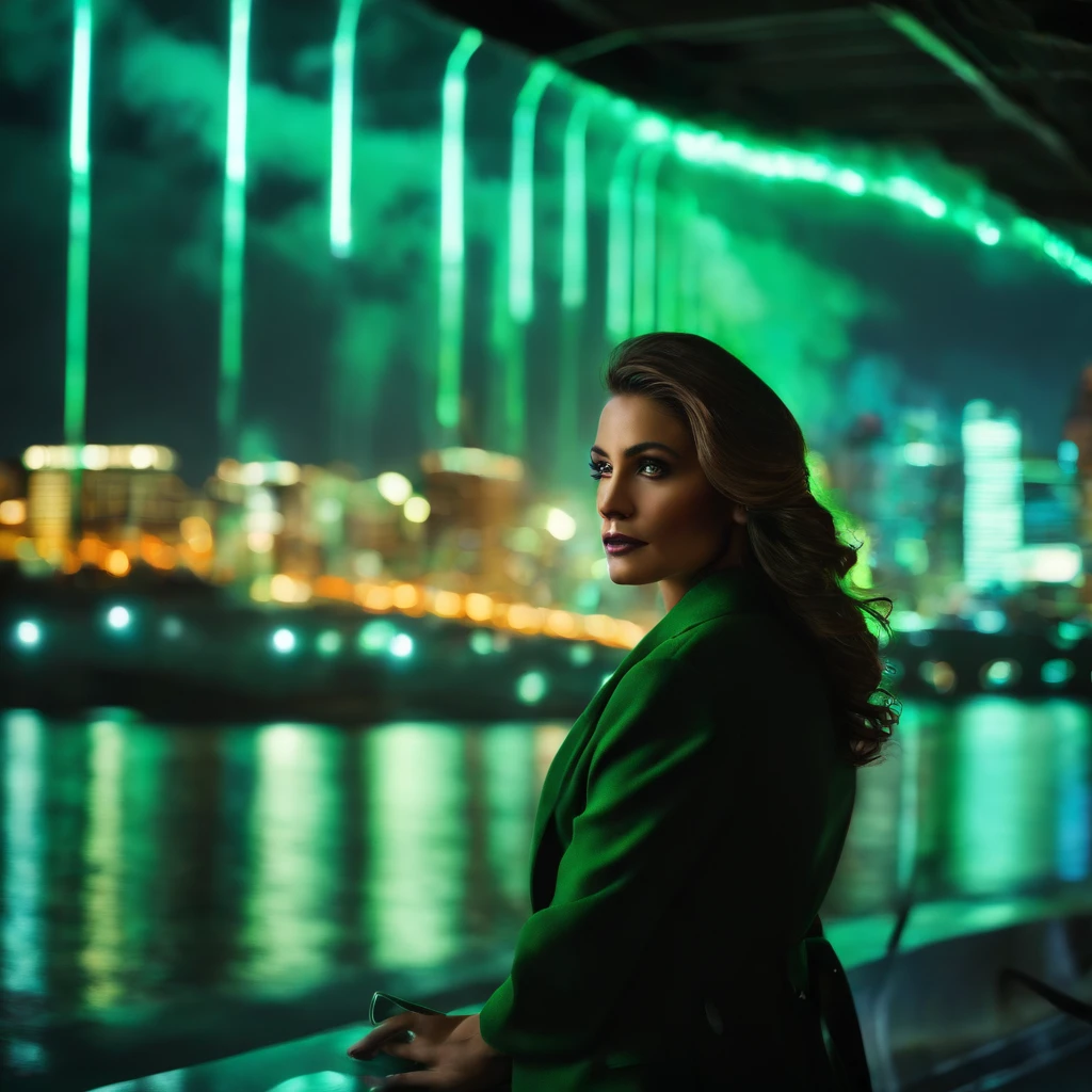 cena do filme, Mulher vestida como Lanterna Verde da DC, extremamente detalhado, futuristic cityscape, noite, glowing neon lights, smoke billowing, Sparks, Metal shavings, detritos voadores, efeitos da energia azul, volumetric light