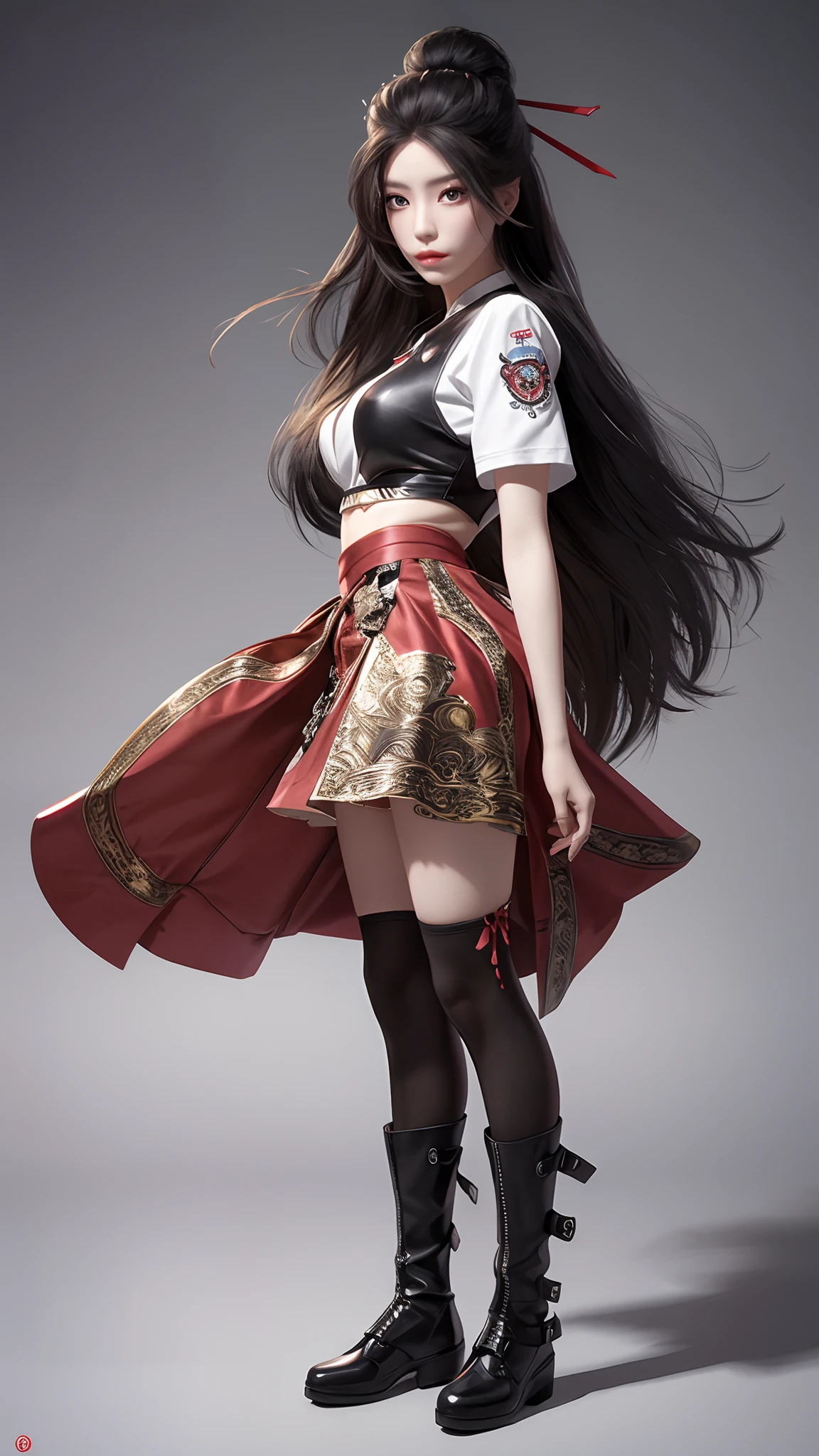 ((masterpiece, best_quality)), 1girl, (photorealistic:1.4),  solo, white_background, black_hair, long_hair,   zettai_ryouiki, skirt, ((full_body)),