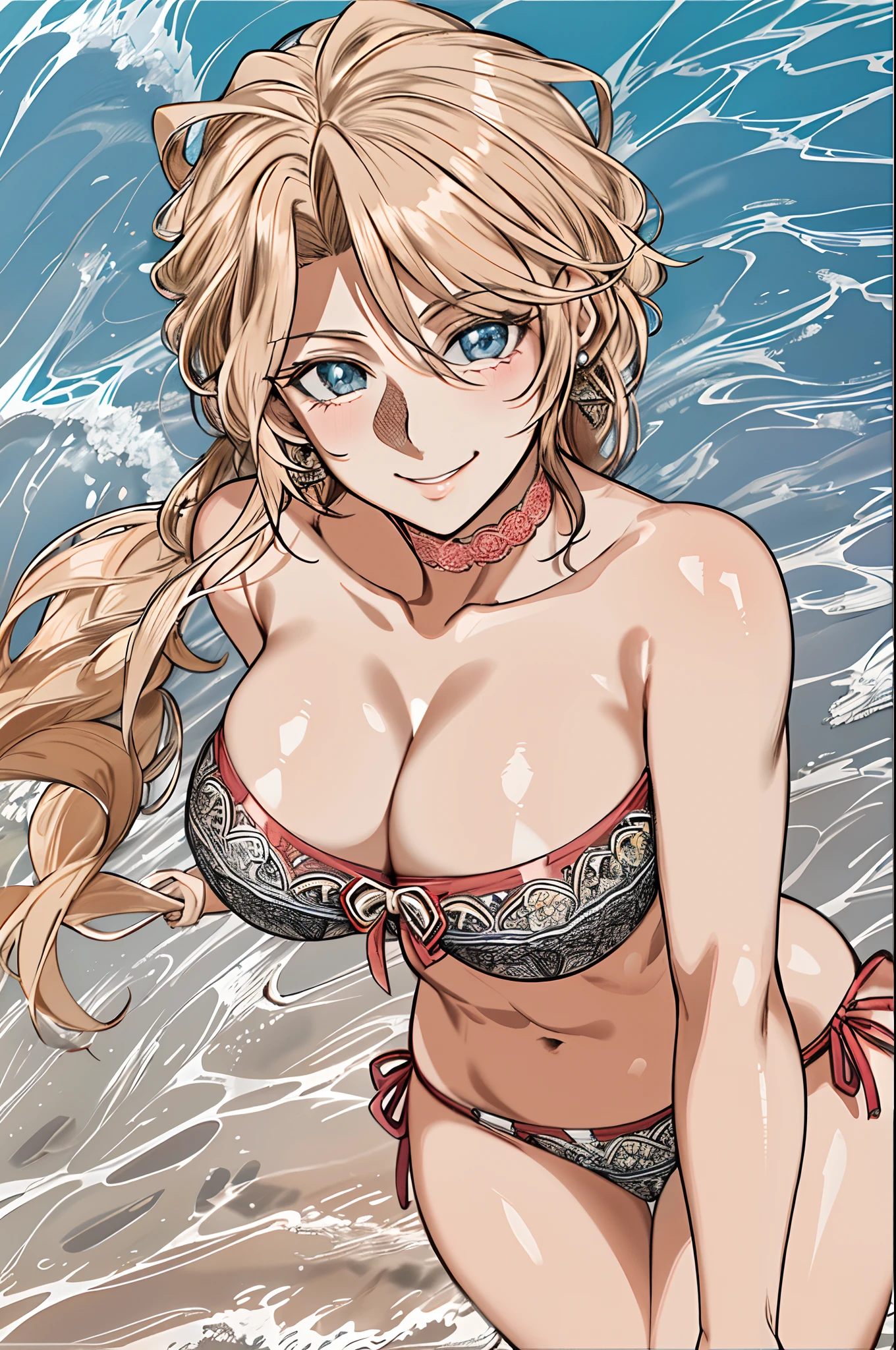 glamour photo of ryou amagi, a stylish mature female, on a (beach:1.2, shore), wearing a (bikinni, swimsuit), (blush, evil smiling), (8k, RAW photo, best quality, depth of field, ultra high res:1.2), (vibrant colors, absurdres, intricate, photorealistic, masterpiece, ultra-detailed:1.3, cinematic lighting), shot at eye level, photography on a Fujifilm X-T4 with a 50mm lens, outdoors, street photography setting, earrings, lace choker, gigantic breasts, cleavage, narrow waist, abs, long legs, slim legs,