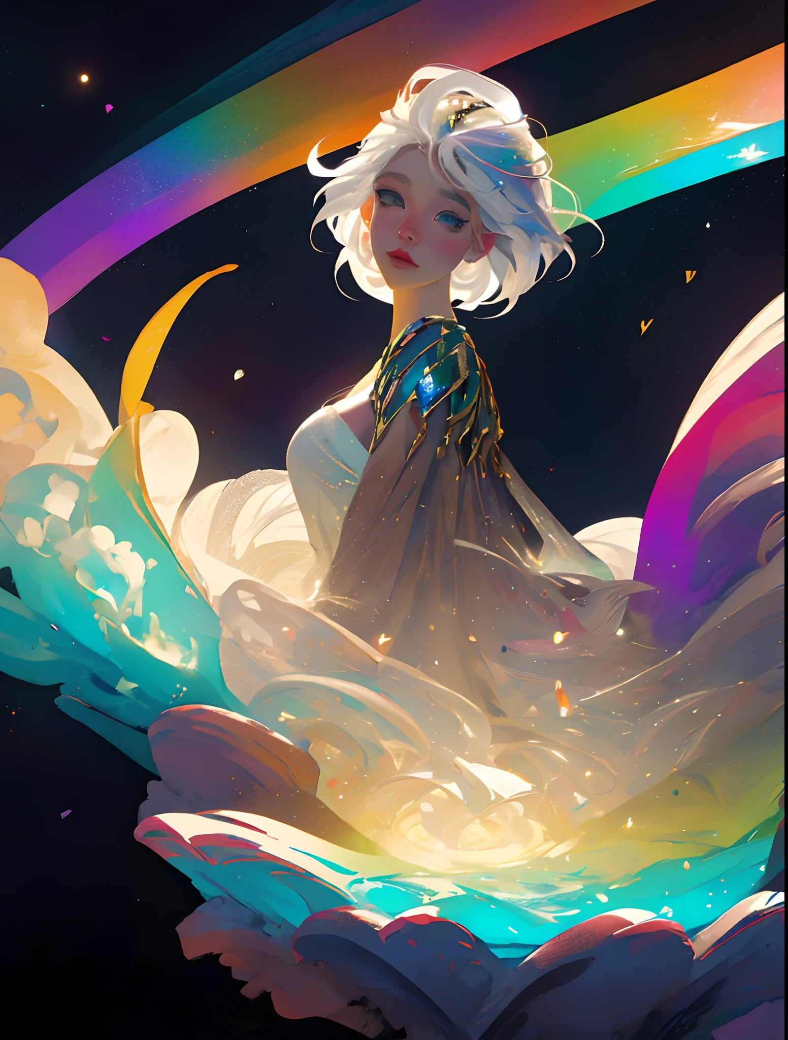 Realistic anime girl with white hair and a transparent dress with a rainbow, ethereal anime, Mago Celestial Lindo, estilo de arte de fantasia, divindade de cabelos prata, reflexo , luzes refletidas, ethereal rainbows, anime em estilo fantasia, anime fantasy illustration, Arte no estilo de Guweiz, 8k arte detalhada de alta qualidade, beautiful young wind spirit, Ethereal Fantasy,  fada astral, ambiente com vidro