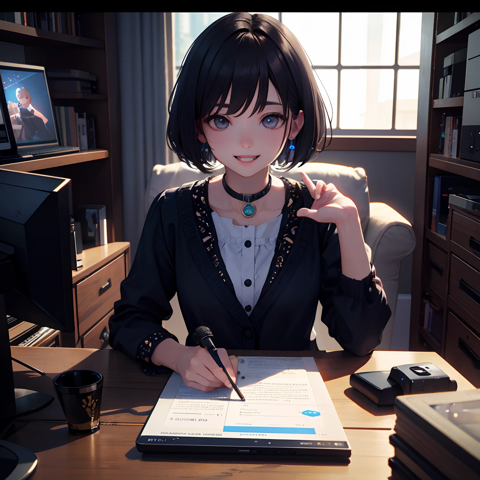 (Cinematic Digital Artwork: 1.3), High quality, masutepiece, of the highest quality, Super Detail, illustratio 、Cuffbox、Tabletop microphone、In front of your computer、Deliver at home、pixie short hair、Speak into the microphone, Realistic, Full-HD, 。.。.3D, 4K 、A smile