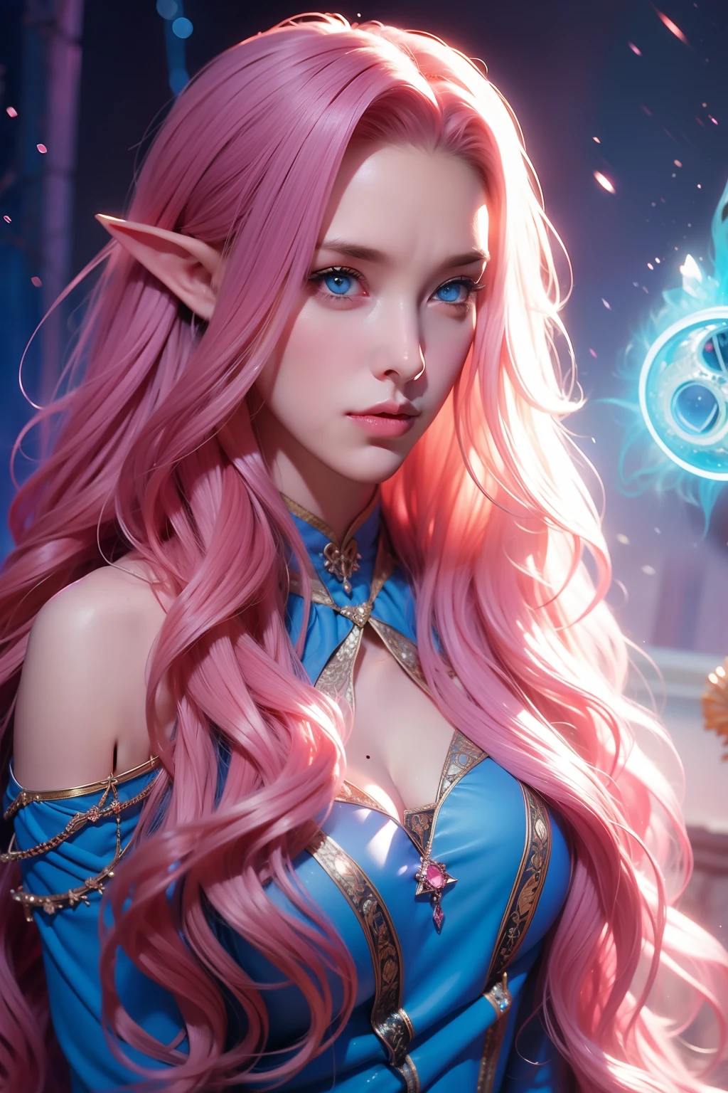 Woman, long curly hair, pink hair, blue eyes, elf queen, sensual, bright eyes, big breasts