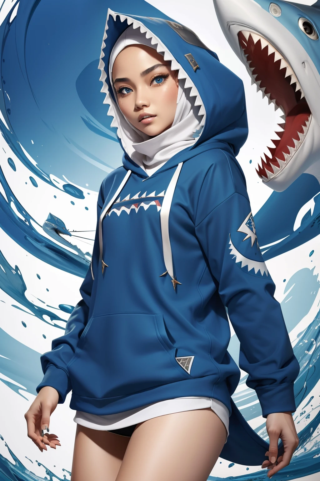 best quality, intricate details, 1 malay girl in hijab, blue eyes, sharp eyes, blue highlights, sharp teeth, blue hoodie, shark teeth design, bare legs, gawr gura, shark girl, shark tail, shark print, blue hoodie, sharp teeth, animal hood, shark hijab ornament,