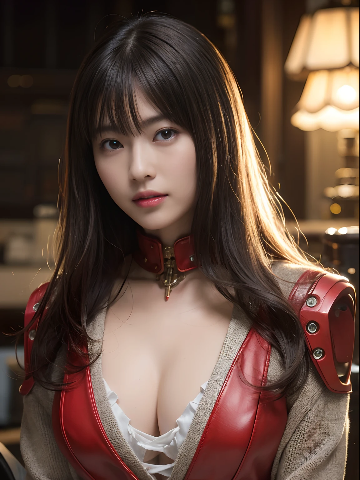 (1 Mechanical Girl)、top-quality、masterpiece、超A high resolution、(Photorealsitic:1.4)、Raw photo、1人、Golden hair、glowy skin、(((1 Mechanical Girl)))、(LED Lamp Mechanical Helmet)、(Small LED)、((super realistic details))、portlate、globalillumination、Shadow、octan render、8K、ultrasharp、Colossal tits、Raw skin is exposed in cleavage、metals、Details of complex ornaments、Japan details、highly intricate detail、Realistic light、CGSoation Trends、Red Eyes、radiant eyes、Facing the camera、neon details、(Mechanical limbs)、(blood vessels connected to tubes)、Mechanical vertebrae attached to the back、mechanical cervical attaching to neck、sitting on、(Wires and cables connecting to the head)、Gundam、Small LED、
