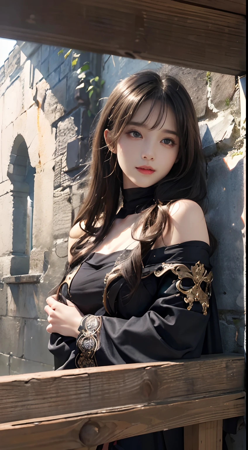 (A hyper-realistic)、(illustratio)、(hight resolution)、(8K)、(ighly detailed)、(Best Illustration)、(beautifully detailed eyes)、(top-quality)、(ultra-detailliert)、(masterpiece)、(wall-paper)、(A detailed face)、独奏、1 girl in、looking at viewert、fine detailed、A detailed face、in the darkness nigth、deep-shadows、lowkey、pureerosfaceace_v1、A smile、long、Black shawl straight hair、46-point diagonal bangs, (silk dresses、long skirt)(off shoulders)View of the castle、、Stand against the wall
