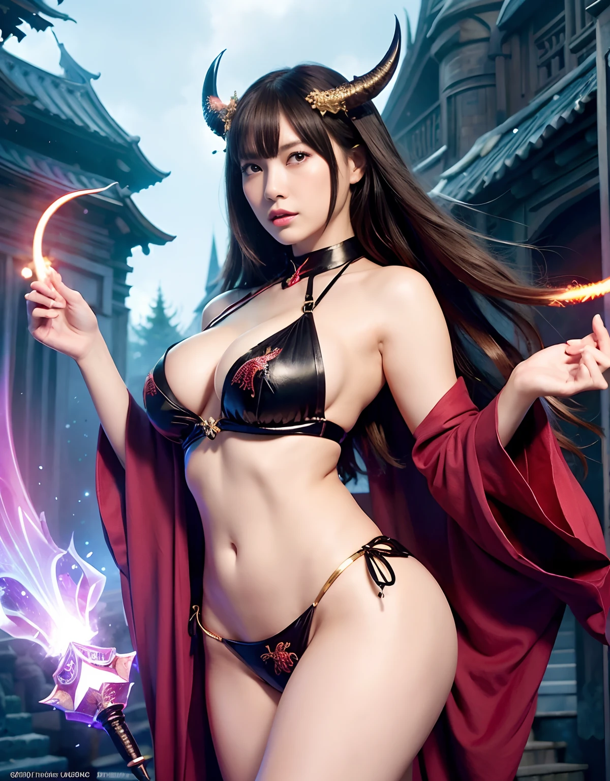 ((World of Darkness)),Professional , ​masterpiece、top-quality、photos realistic , depth of fields 、Dark Fantasy、（Ultimate Beauty）、A dark-haired、（White bikini armor)、（Kimono with beautiful pattern）、（Night background）、（（a dark night））,(Wear a beautiful kimono),（Wear a beautiful kimono with colorful floral patterns）、Jewel Gold Weapon、Particles of light),（Has a devil's mask）、Gorgeous gold weapons ,（（ Gorgeous Dragon Sword）） , （a dark night）,,（maikurobikini） 、（（Black Haired Beautiful Girl））、（Castle background）、（demonic wings）、（（Gangle's forest background））、Beautiful Caucasian beauty、１a person、dynamic ungle,(((Two devil's horns on the head)))、Smaller head、Idle Smile、Thin and beautiful female hands、Mystical expression、Light Effects、intense fighting、Wind-effect、magic circles、With the legendary magic wand、Dragon's tail、