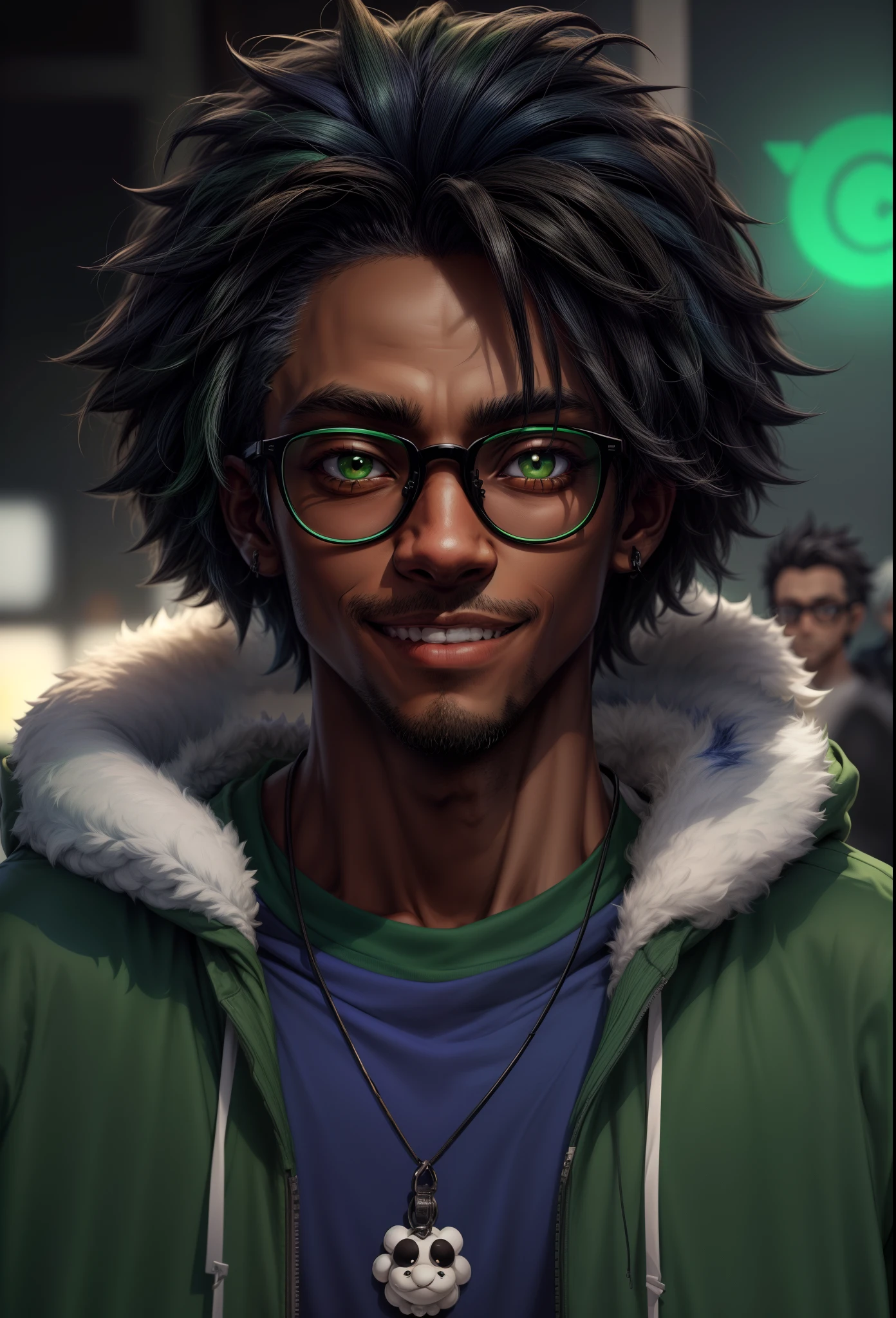 anime image of a dark skin male with glasses wearing a dark green shirt and white hoodie, character portrait of me, jade green eyes, shaggy hair(black:1.5,), smiling, inspired by Denji from Chainsaw Man, (black:1.5,dark green:1.3, royal blue:1.2), detailed character portrait, character concept portrait of me, closeup character portrait, a character portrait, character portrait closeup, high quality portrait, character headshot portrait,