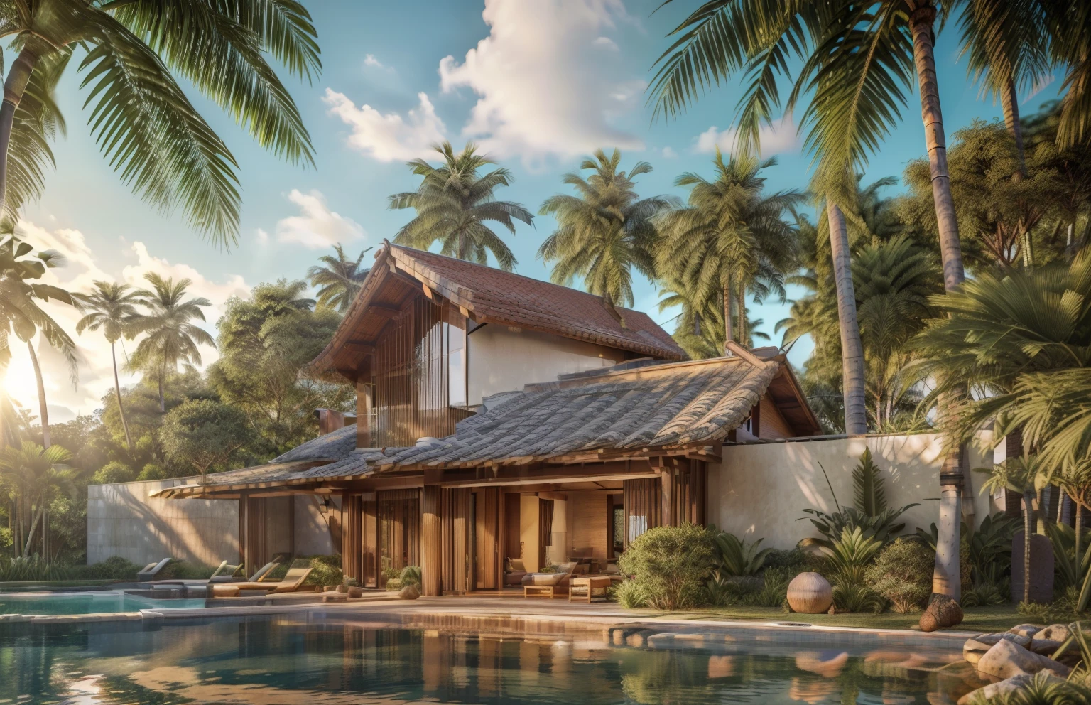 "(best quality,4k,8k,highres,masterpiece:1.2),ultra-detailed,(realistic,photorealistic,photo-realistic:1.37),country house,modern bamboo materials,red tile roof,glass,swimming pool,green trees,coconut trees,landscape,sharp focus,vivid colors,natural lighting"