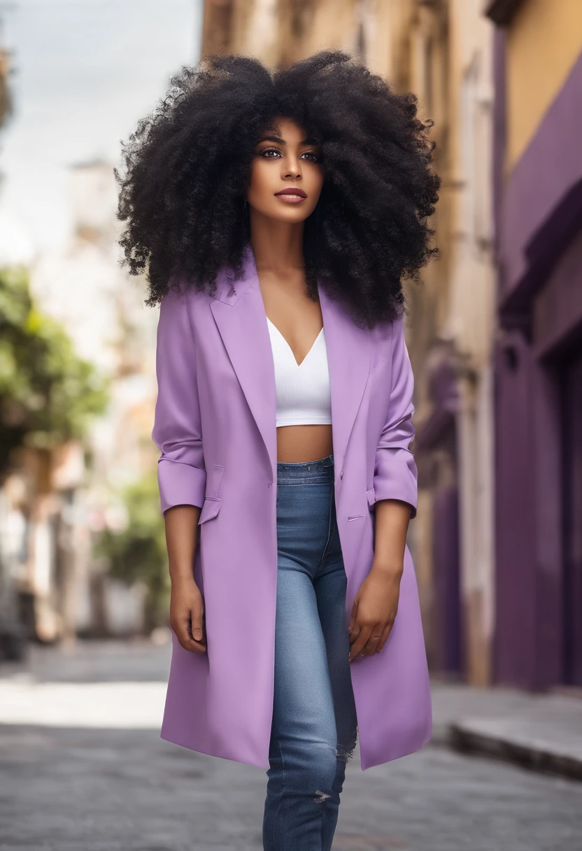 Menina afro-americana Menina negra de cerca de 25 anos de idade 8 polegadas de cabelo cacheado longo, cabelos cacheados e correndo, courtyard, cabelo encaracolado preto, cabelos curtos e cacheados, franja encaracolado, cabelos cacheados muito curtos, Loops confusos, Cabelos Negros Cacheados Cabelos pretos naturais,usando blazer roxo, wearing light lilac blazer, Fotografia de rua,Fotografia de rua,