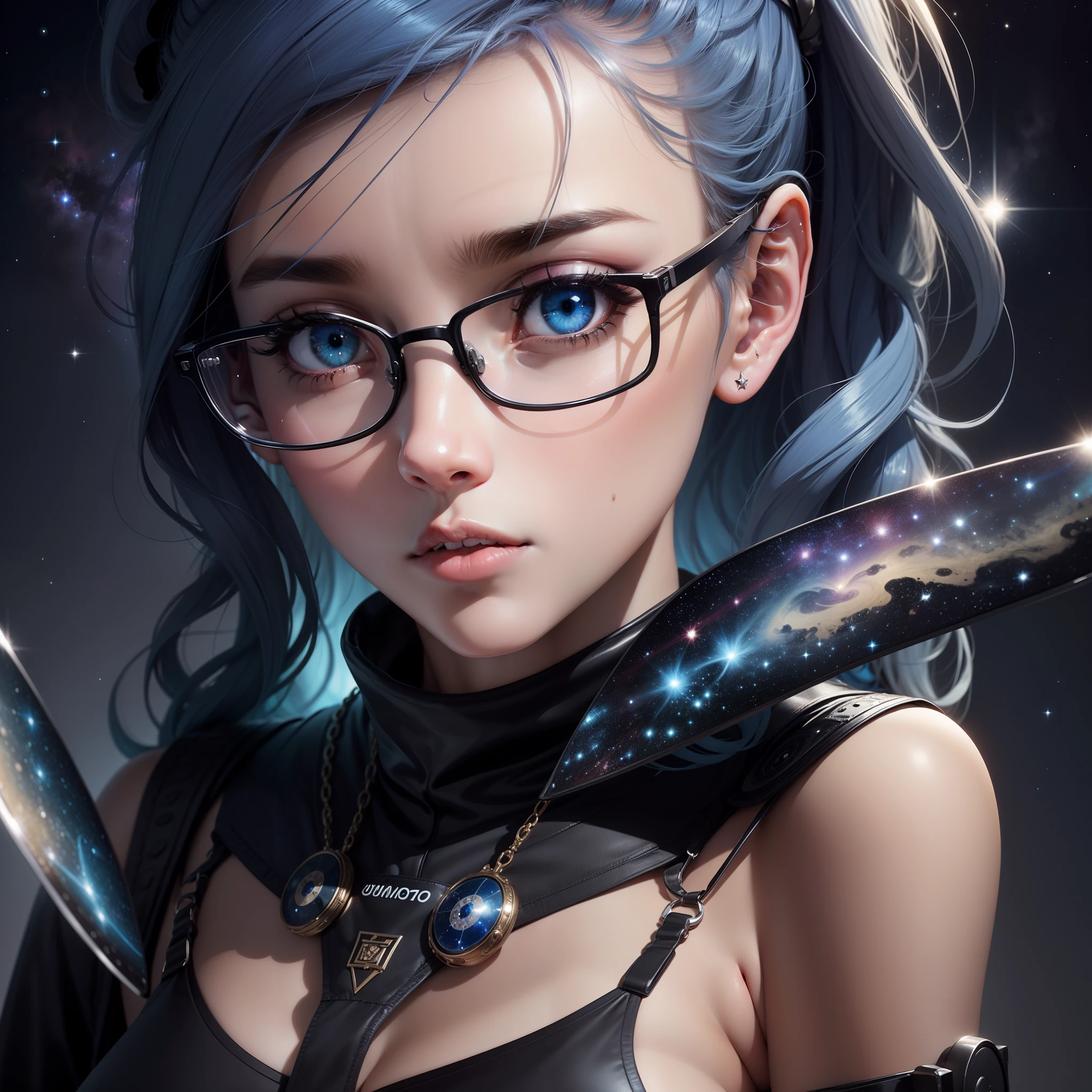 master part: uma obra-prima que retrata uma mulher adulta com cabelo azul curto e heterocromia, com um olho azul e outro vermelho. She wears tech clothes and wears round glasses. In his cinematic stance, She's adjusting her glasses with a concentrated expression. O plano de fundo da imagem evoca o tema do universo, with numerous galaxies and nebulae, creating an atmosphere of mystery and cosmic wonder.