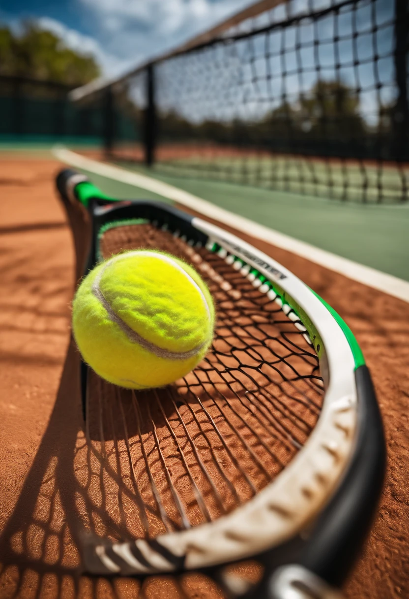 tennis racket on a clay tennis court, tennis ball, tennis net, sunny