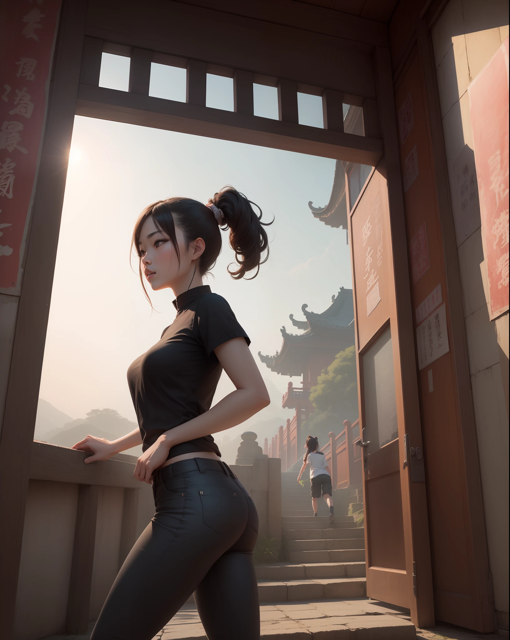 In front of the Taoist Temple Zhu Gate，The Taoist Temple has dragon and tiger phantom fights in the sky，teens girl，solo person，High ponytail，Short sleeved trousers，Directly opposite the gate，Three thousand stairs behind her，2D natural light，Top view，high high quality，Ink danqing style
