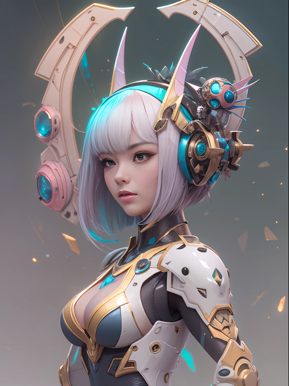 masterpiece, hightquality, hight resolution, high textured, 8K, High Dynamic Range, Robot girl in bikini costume, medium breasts, Pink transparent tights, mechs, medium cyan hair, bangs, Mechanical prosthetics, mechanical legs, dishevled hair, Detailed skin,Fine-grained skin, natta, cyberpunkcity, 3D closeup of young handsome aristocrat - profile portrait with crown,Ram skull. Beautiful and complex Japanese crow, Fox mask and breadcrumbs Japanese kimono。a betta fish, jellyfish pheonix, Bio-luminescence, Plasma, icey, Eau, ventania, organism, Wu Ya and WLOP and works by Bippel and Greg Rutkowski, creature 00d, (Amber theme:0.7), mtu, mathematician,