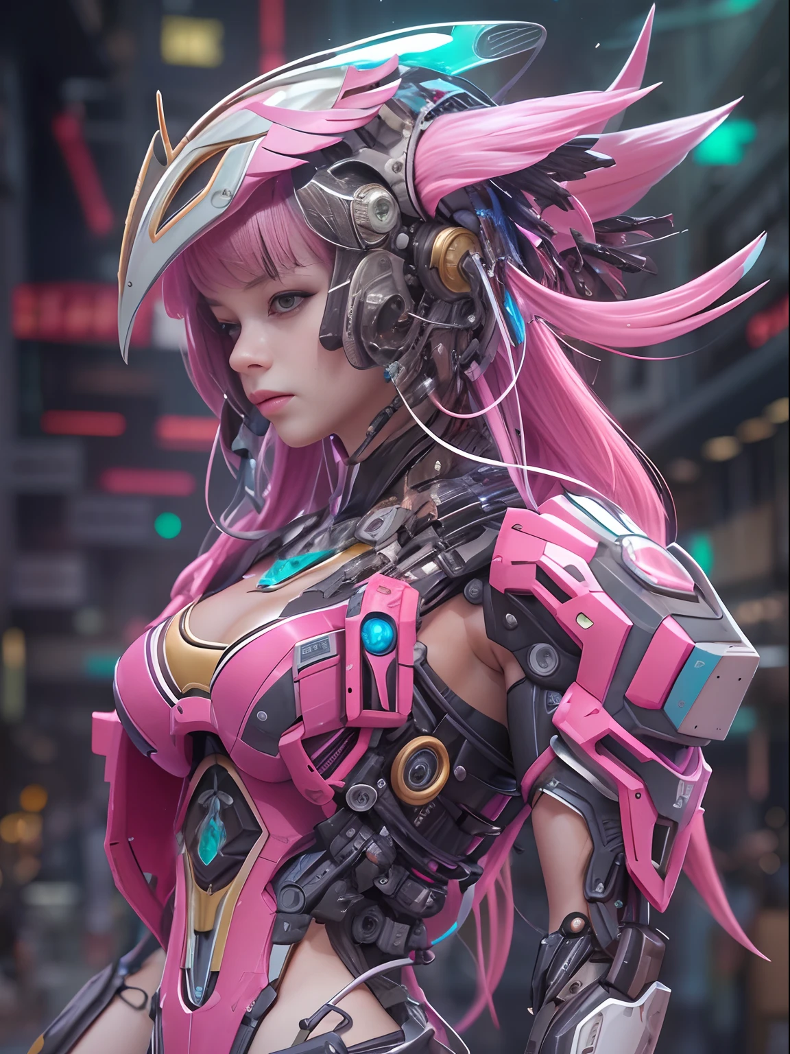 masterpiece, hightquality, hight resolution, high textured, 8K, High Dynamic Range, Robot girl in bikini costume, medium breasts, Pink transparent tights, mechs, medium cyan hair, bangs, Mechanical prosthetics, mechanical legs, dishevled hair, Detailed skin,Fine-grained skin, natta, cyberpunkcity, 3D closeup of young handsome aristocrat - profile portrait with crown,Ram skull. Beautiful and complex Japanese crow, Fox mask and breadcrumbs Japanese kimono。a betta fish, jellyfish pheonix, Bio-luminescence, Plasma, icey, Eau, ventania, organism, Wu Ya and WLOP and works by Bippel and Greg Rutkowski, creature 00d, (Amber theme:0.7), mtu, mathematician,