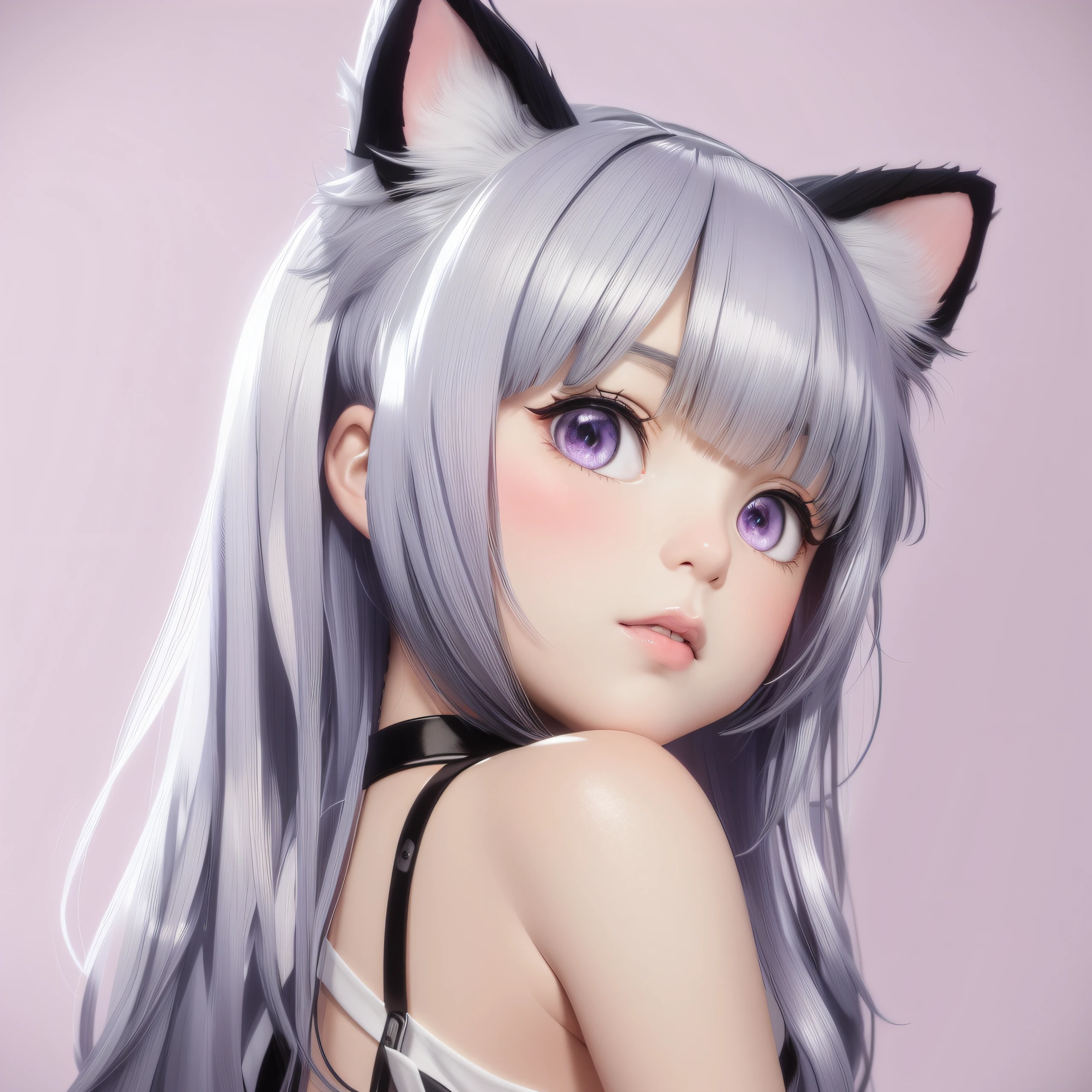 Menina anime com cabelo roxo e orelhas de gato posando para uma foto, estilo anime. 8k, Estilo anime 3D realista, anime estilo 3d, arte de anime realista, render de uma menina anime 3d bonito, menina anime com orelhas de gato, 3 d anime realista, muito bonita menina gato anime, gato anime bonito, gato anime, estilo anime 4K, loli, cabelo saturarado, cores viva, loli, kawaii