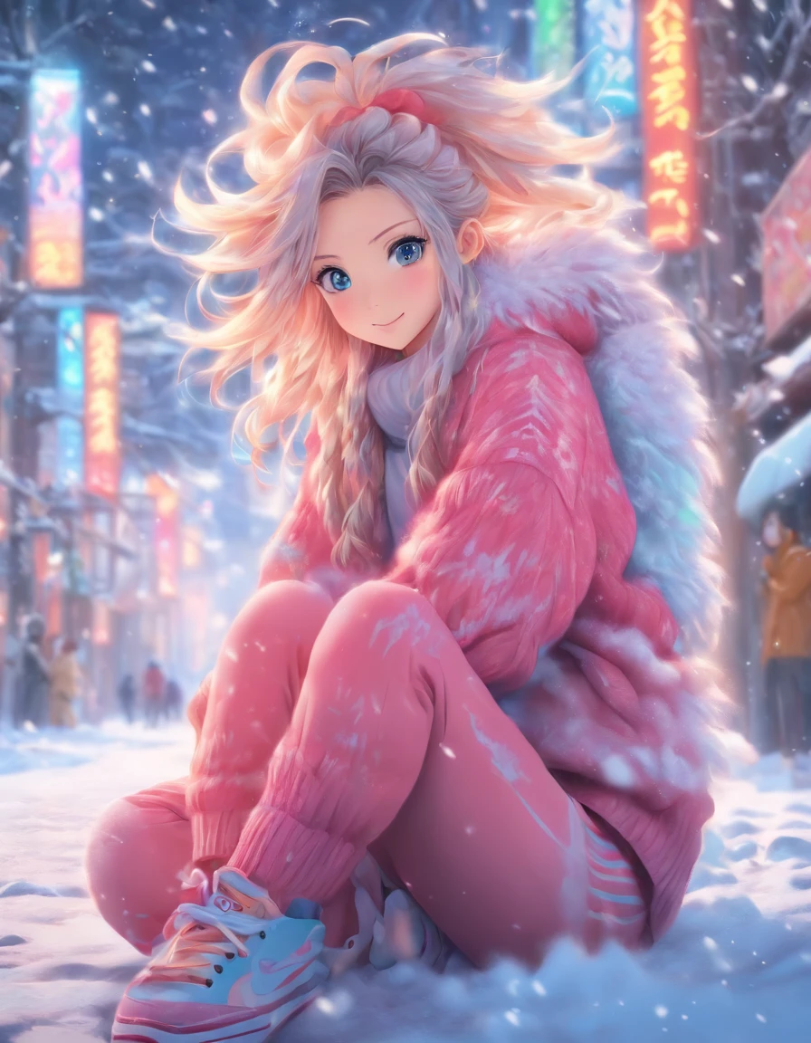 中景 the scene is，super-fine，Genki girl，Full body like，adolable，Sitting cross-legged on the street，ssmile，long whitr hair，Long pink sweater，denim pant，athletic sneakers，Heavy snow in winter，The hair is meticulously depicted，The eyes are meticulously depicted， highly detailed surreal vfx，oc rendered，