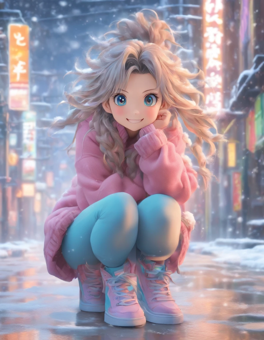 中景 the scene is，super-fine，Genki girl，Full body like，adolable，Sitting cross-legged on the street，ssmile，long whitr hair，Long pink sweater，denim pant，athletic sneakers，Heavy snow in winter，The hair is meticulously depicted，The eyes are meticulously depicted， highly detailed surreal vfx，oc rendered，