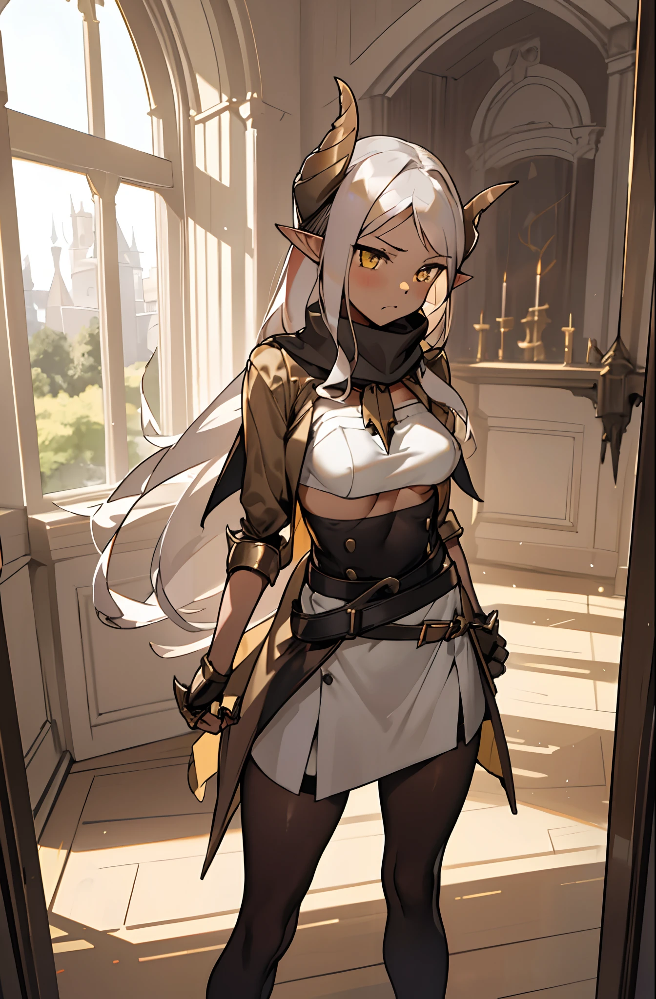 girl, tall,brown skin, hidden arms,long hair, white hair, detailed pretty eyes, yellow eyes,angry face, evil smile, medium boobs, white small shirt, mid waist, ripped abdomen, medium thighs, small gold armor outfit, long black stockings, detailed clothes, masterpiece, hyper realistic, high definition,black horns,black pantyhose,elves ears,yellow scarf,front view,(((standing in front of a room inside a castle)))