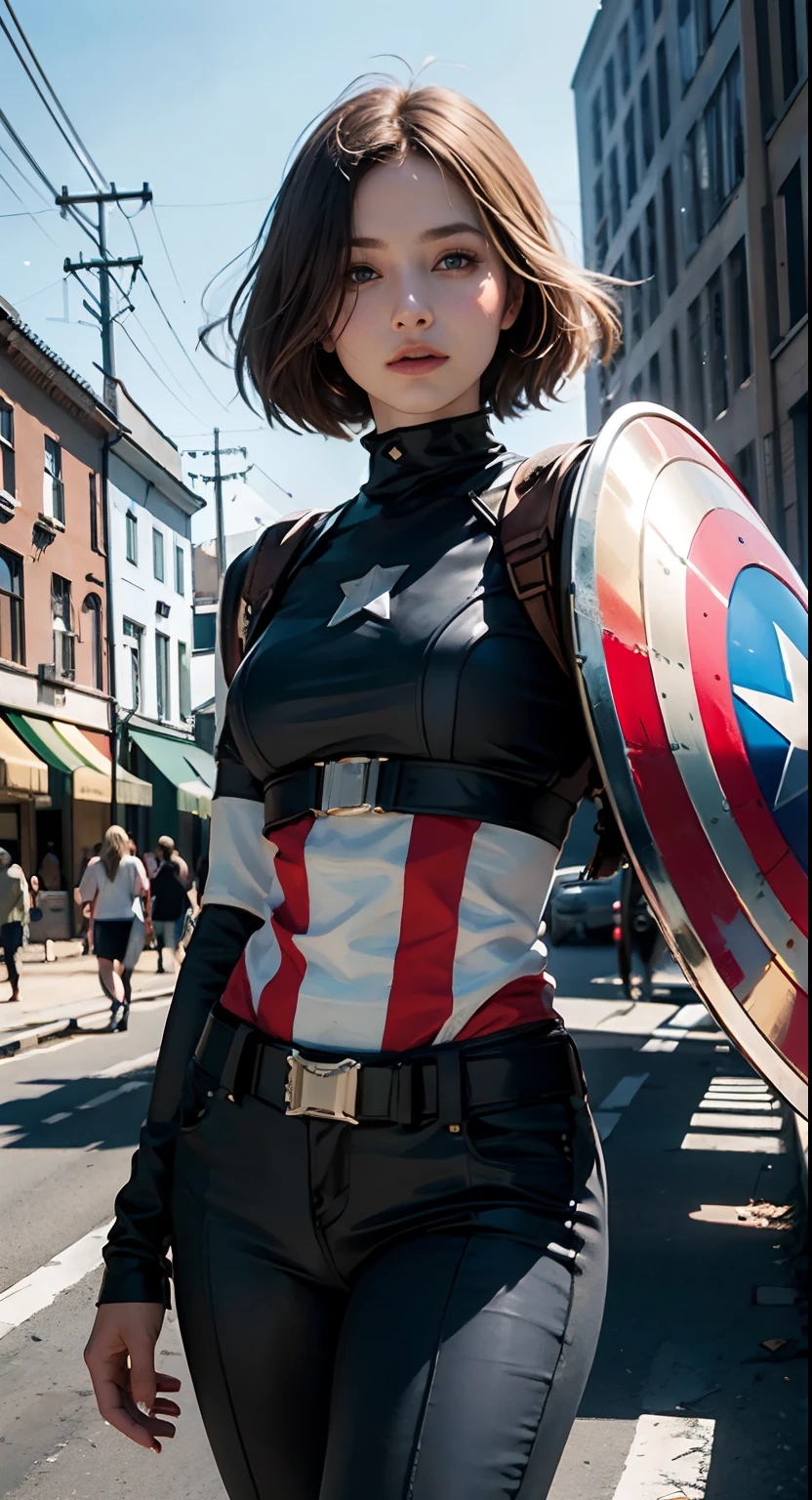 araffe dressed in a captain america costume leaning against a tree, professional cosplay, amber heard as captain america, cosplay, amouranth as a super villain,  as captain america, cosplayer, realistic cosplay, marvel style, in style of marvel and dc, captain america, marvel character, marvel superhero, in style of marvel, full-cosplay, amouranth. she has bob haircut; "Kim Kardashian's body"Kim Kardashian curvy, bob haircut, short hair