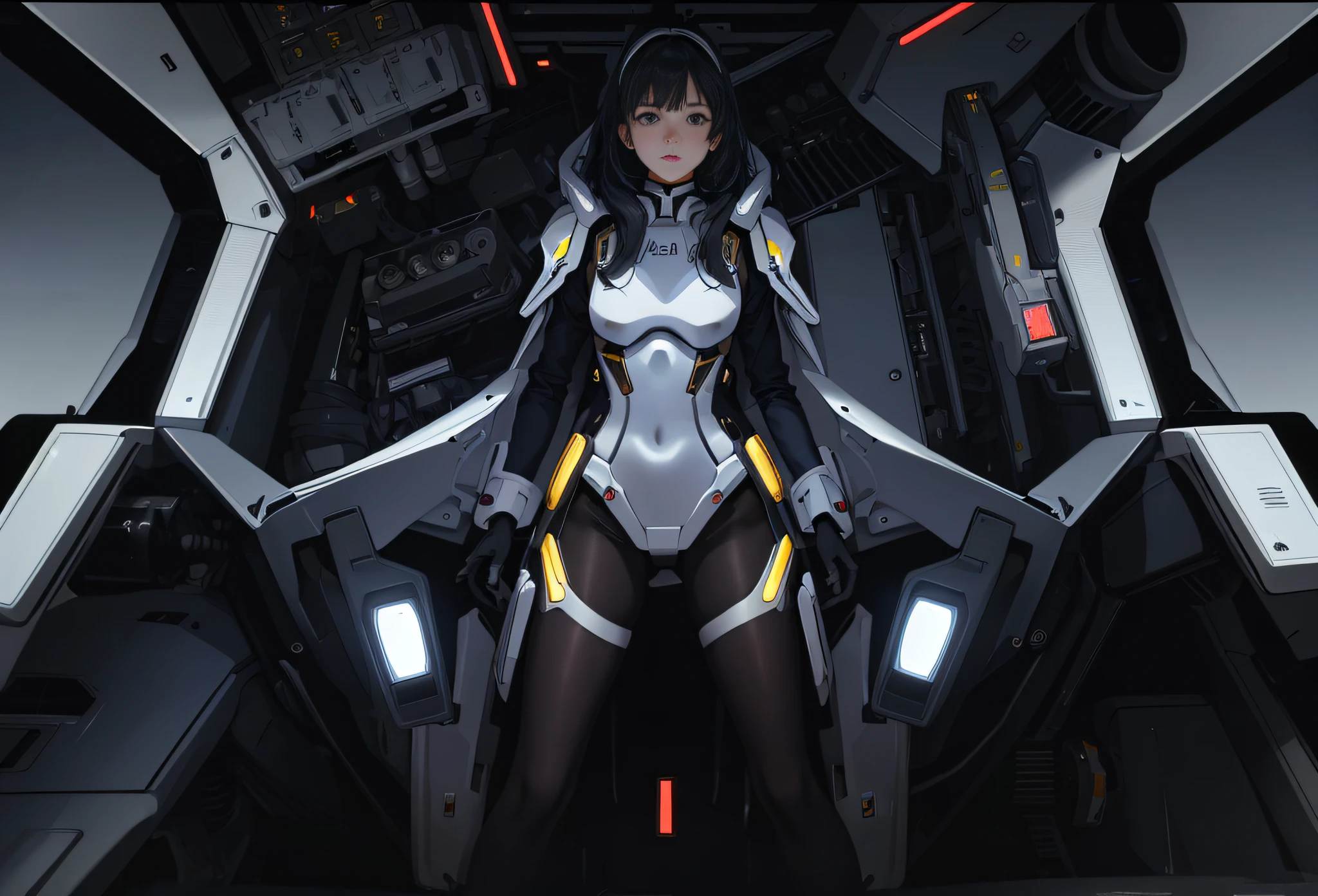 (((only one person))), (((only one face))), inside the cockpit, precision equipment, a beautiful woman in a Gundam pilot suit sitting in the cockpit, movie scene, 8K quality, (((whole body))), (masterpiece), realistic, young and cute one anime woman, beautiful face, sunshine, cinematic light, one beautiful woman, beautiful dark eyes, black hair, medium hair , perfect anatomy, so cute, princess eyes, (black eyes), intermediate image, style, bioluminescence, life-size 8 sizes, 8k resolution, human hand, strange perfection, elegant, near-perfect, dynamic, Highly detailed character sheets, concept art, smooth placement, stunningly beautiful 20s girls, detailed hairstyles, (((Determination-filled dignified eyes))), (((A lot of instruments emitting a faint light in front of the girl)))