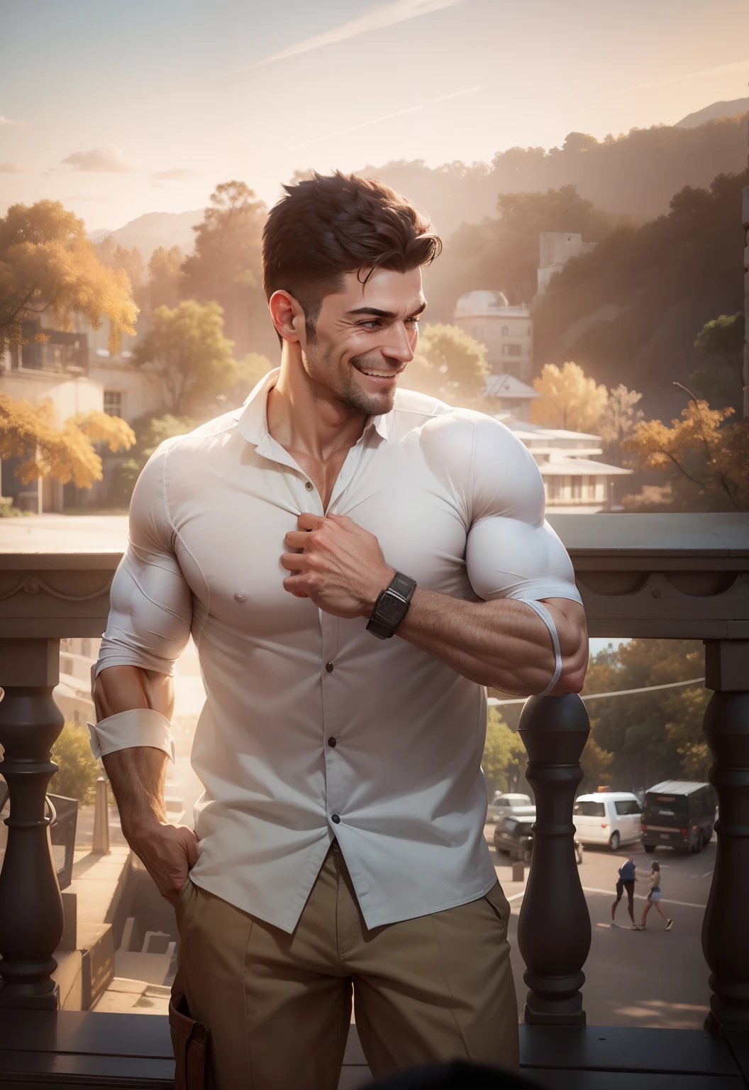 Smiling face muscular forearms ultra realistic