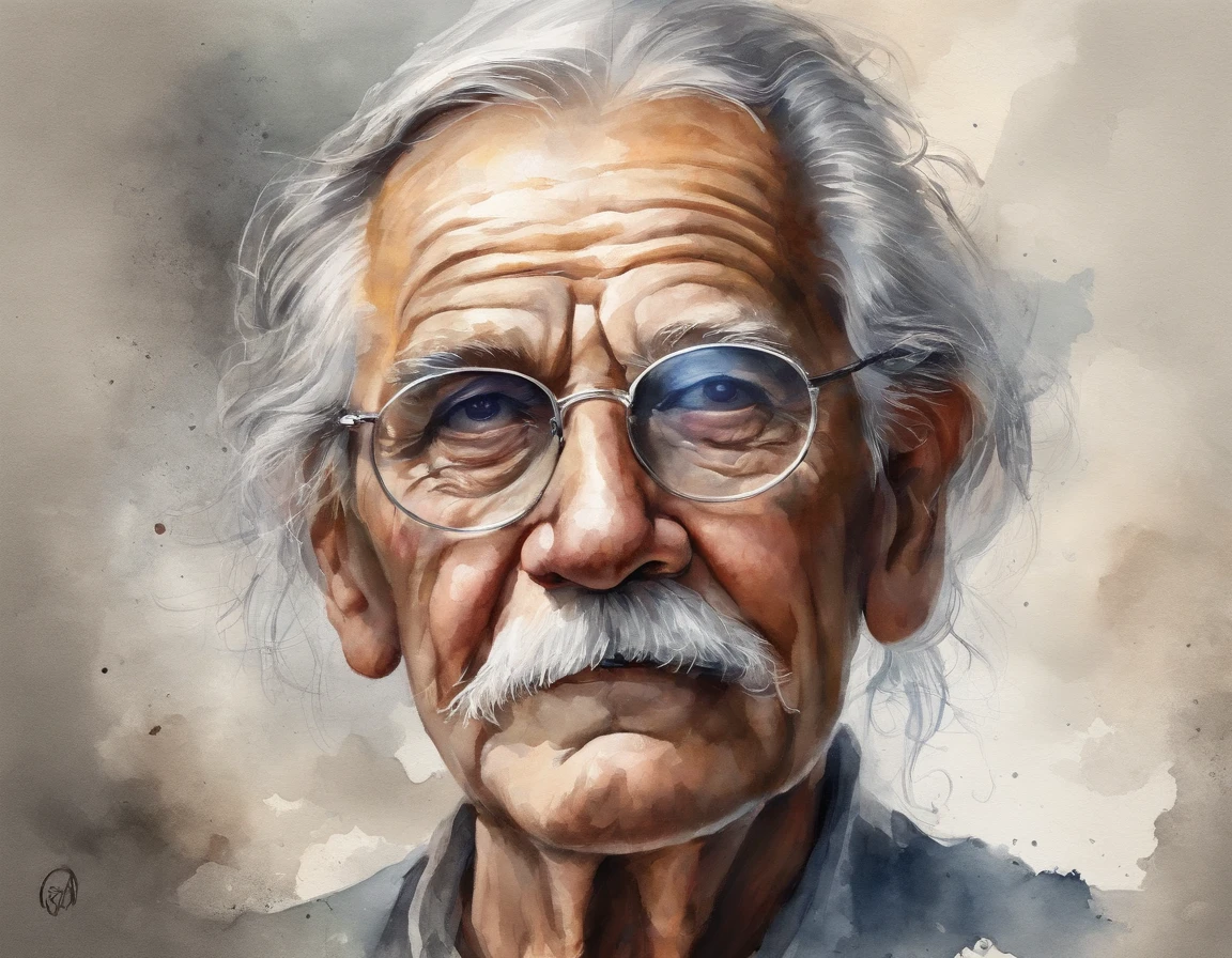 Elderly person wearing half-moon glasses, with a long, stooped nose, flowing and long silver hair, beard and mustache, stunning realistic, 3d render, octane render, intricately detailed, cinematic, hyper realistic cover photo awesome full color, hand drawn, realistic 12k, intricate. high definition, cinematic