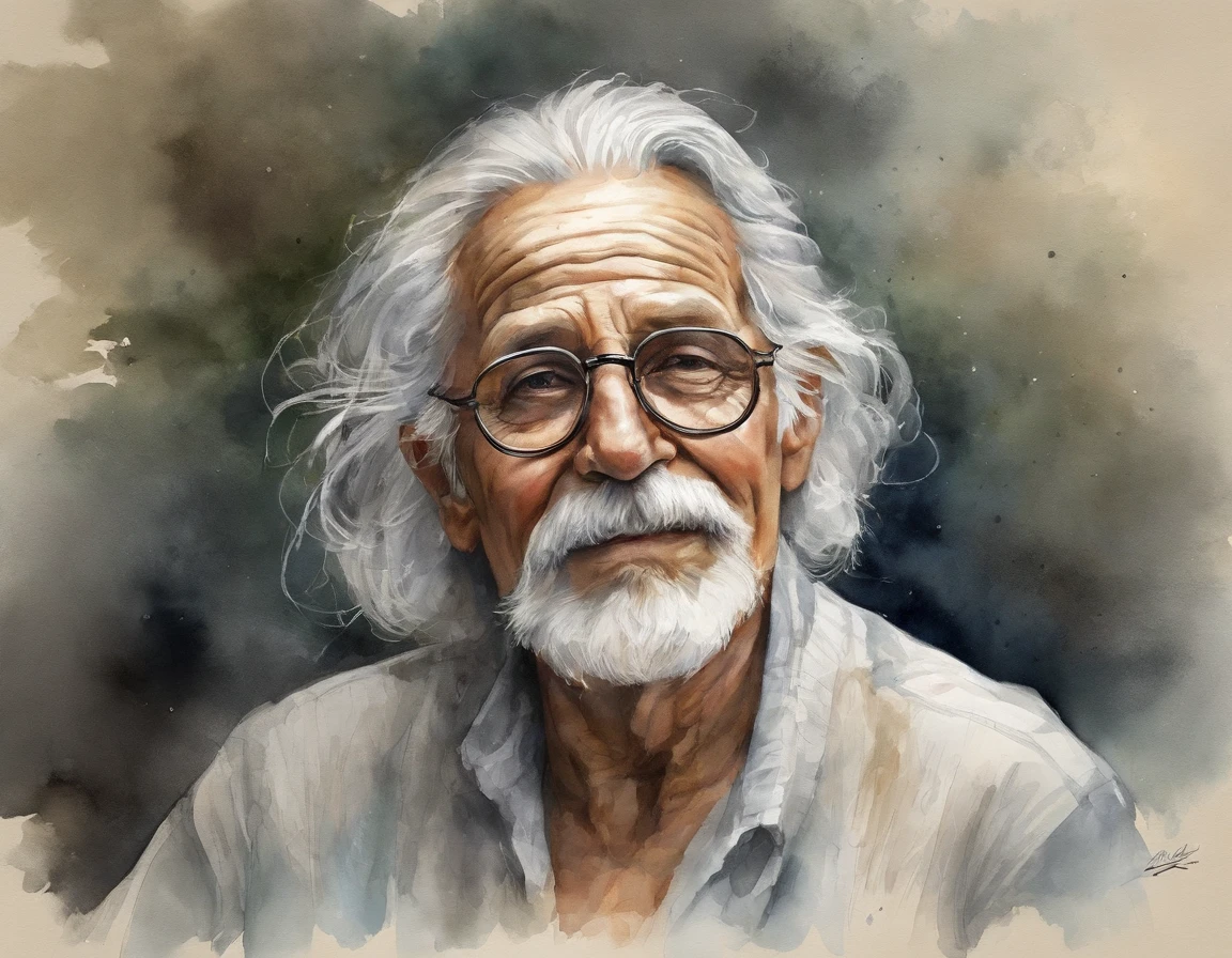 Elderly person wearing half-moon glasses, with a long, stooped nose, flowing and long silver hair, beard and mustache, stunning realistic, 3d render, octane render, intricately detailed, cinematic, hyper realistic cover photo awesome full color, hand drawn, realistic 12k, intricate. high definition, cinematic